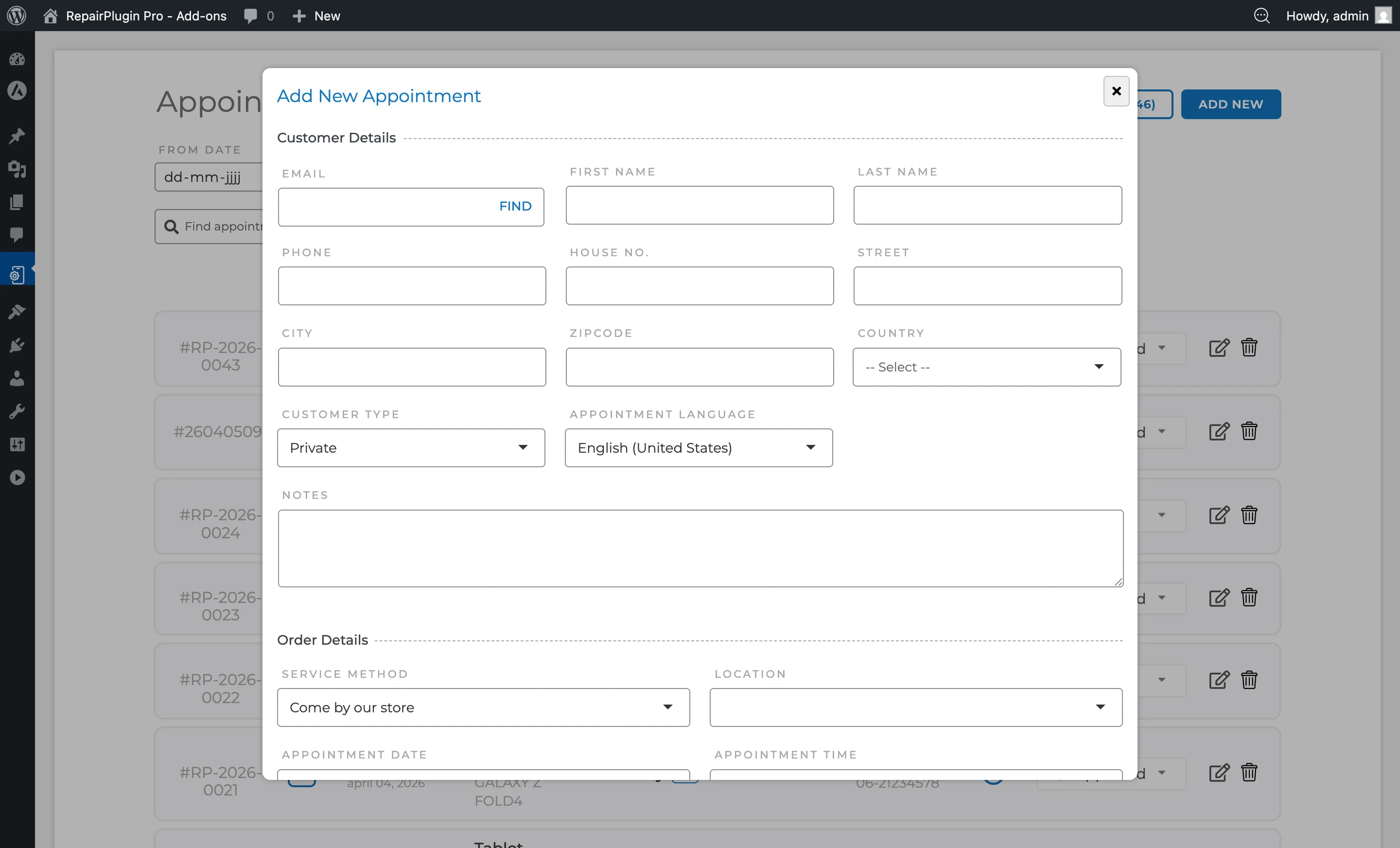 The Add New Appointment dialog with fields for customer, device, repair type, and scheduling