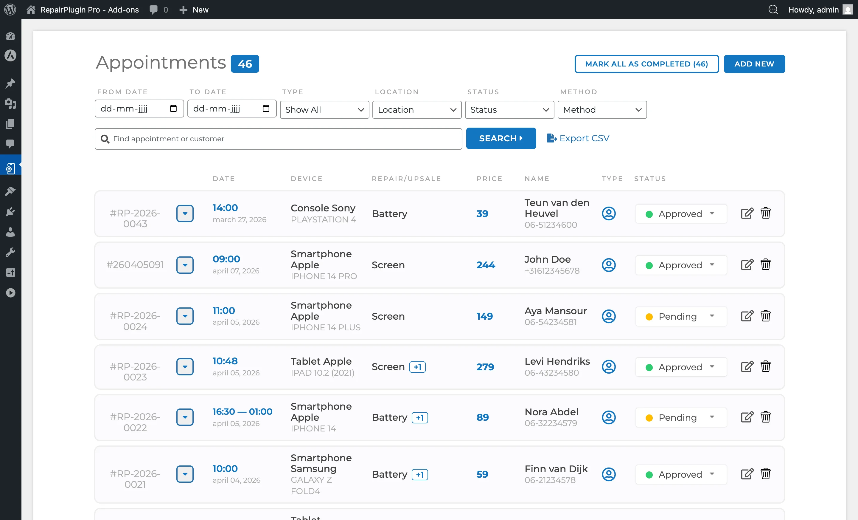 An expanded appointment showing device, repairs, customer details, and status controls