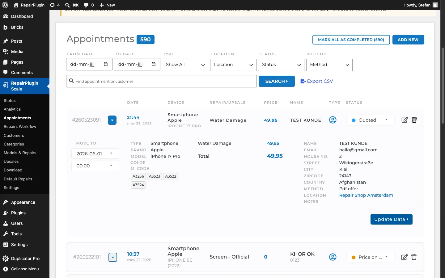 The expanded appointment view with the M. CODE row displaying model code badges (A3256, A3523, A3522, A3524) next to the standard device, customer, and address fields