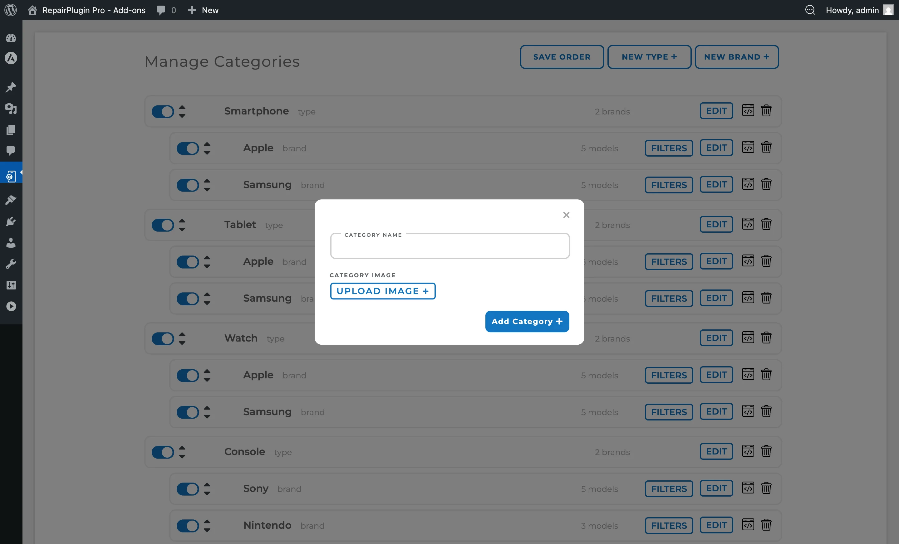 The New Type dialog with fields for category name, icon, and sort order