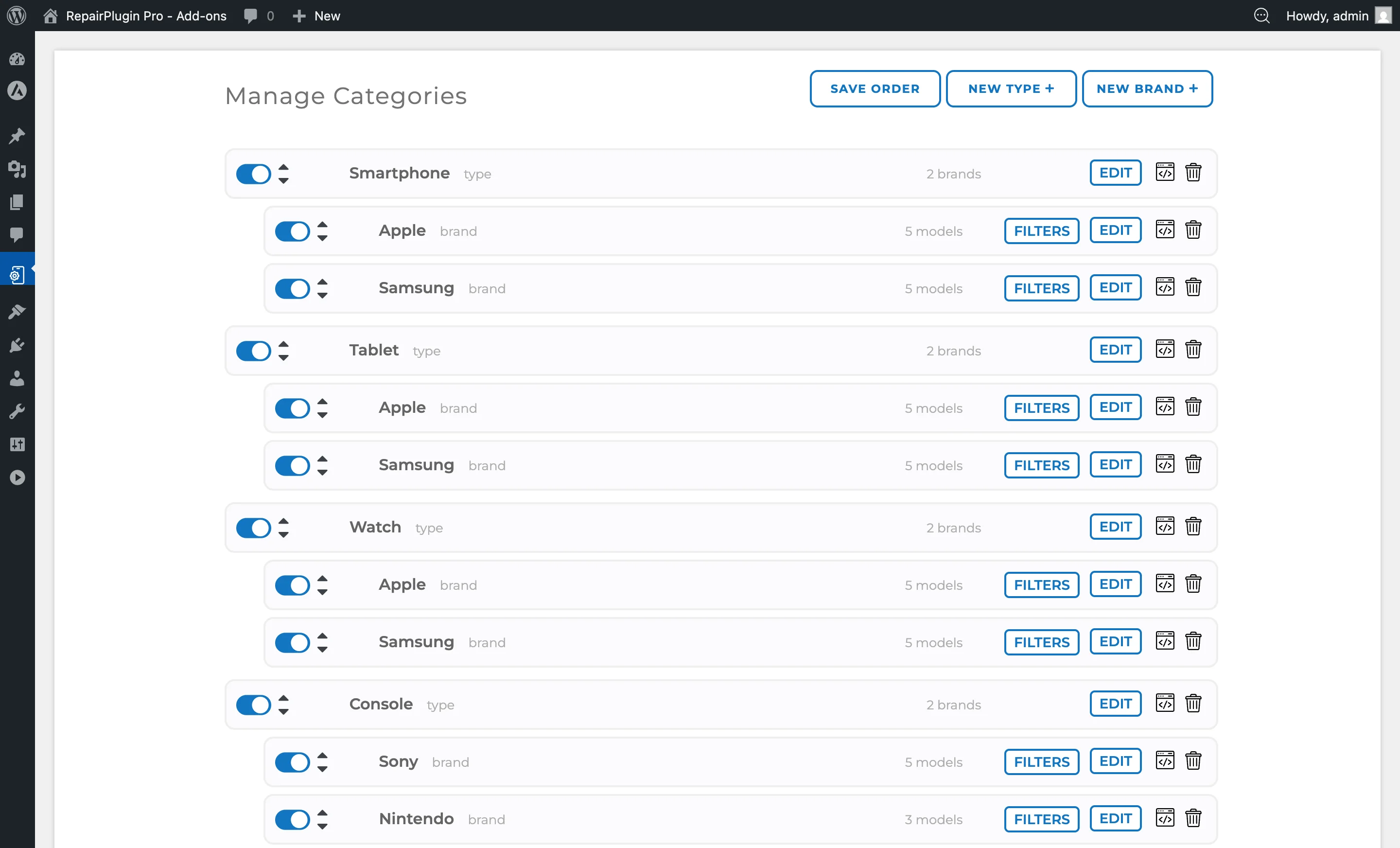 The Manage Categories page showing device types with nested brands, sort handles, and shortcode buttons
