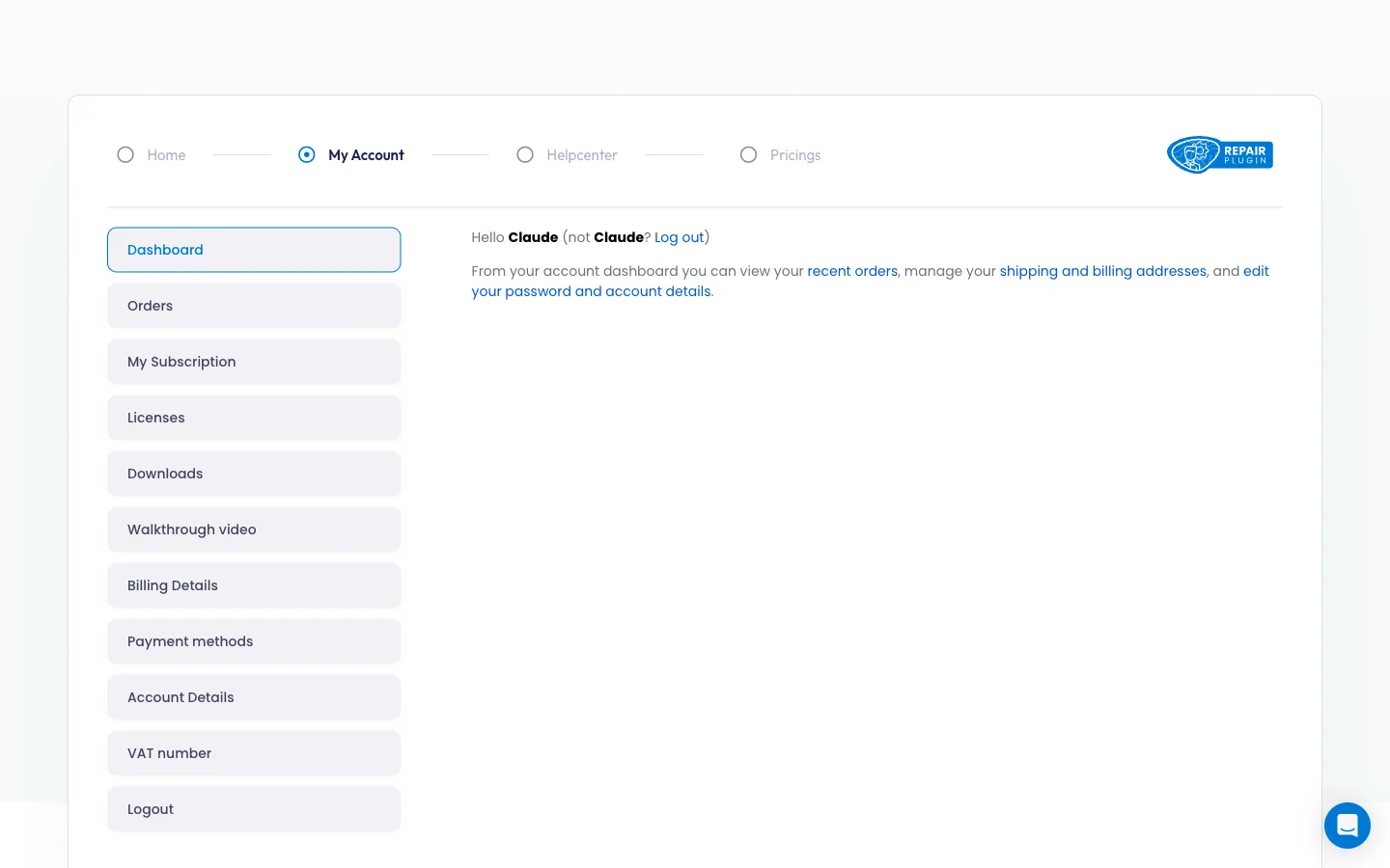 The Customer Portal dashboard showing a personalized greeting with quick links to orders, billing, and account settings