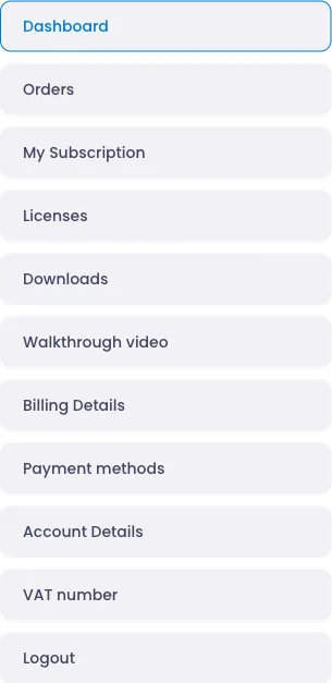The Customer Portal sidebar navigation showing menu items for orders, subscriptions, licenses, downloads, and account settings
