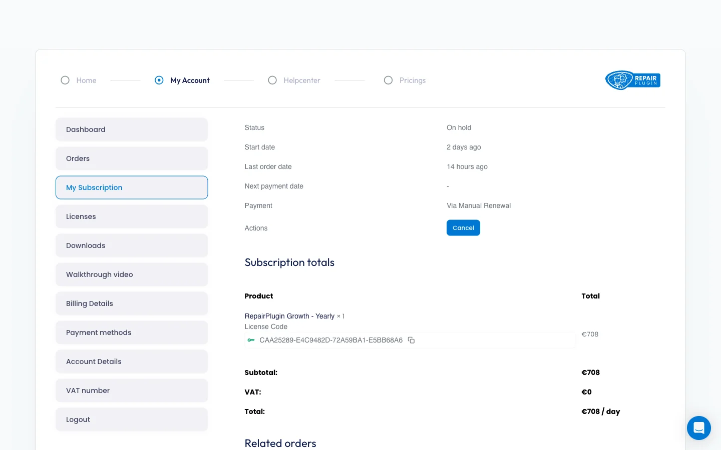 The My Subscription page showing plan details, billing interval, next payment date, and plan change options