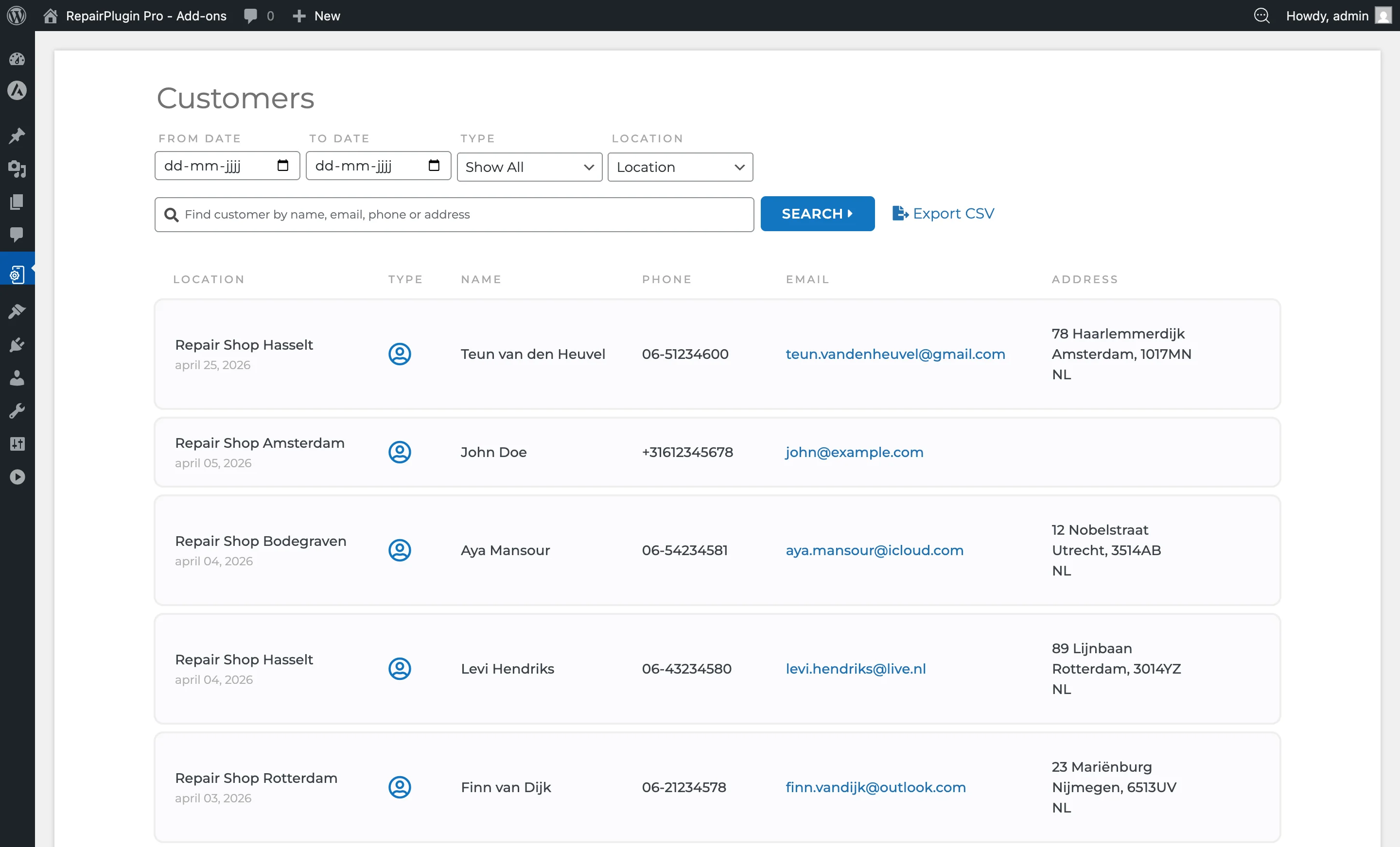 The Customers page showing the customer list with search bar, name, email, phone columns, and export button