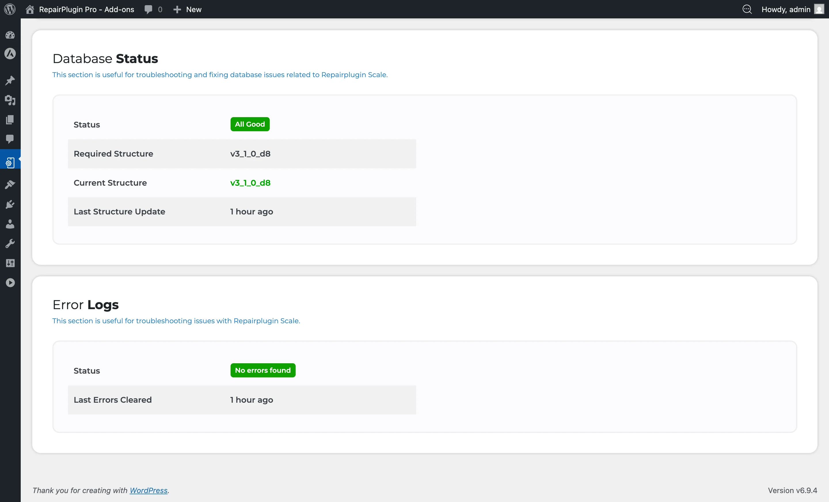 The Database Status section showing required vs current structure versions and the Fix Issues button