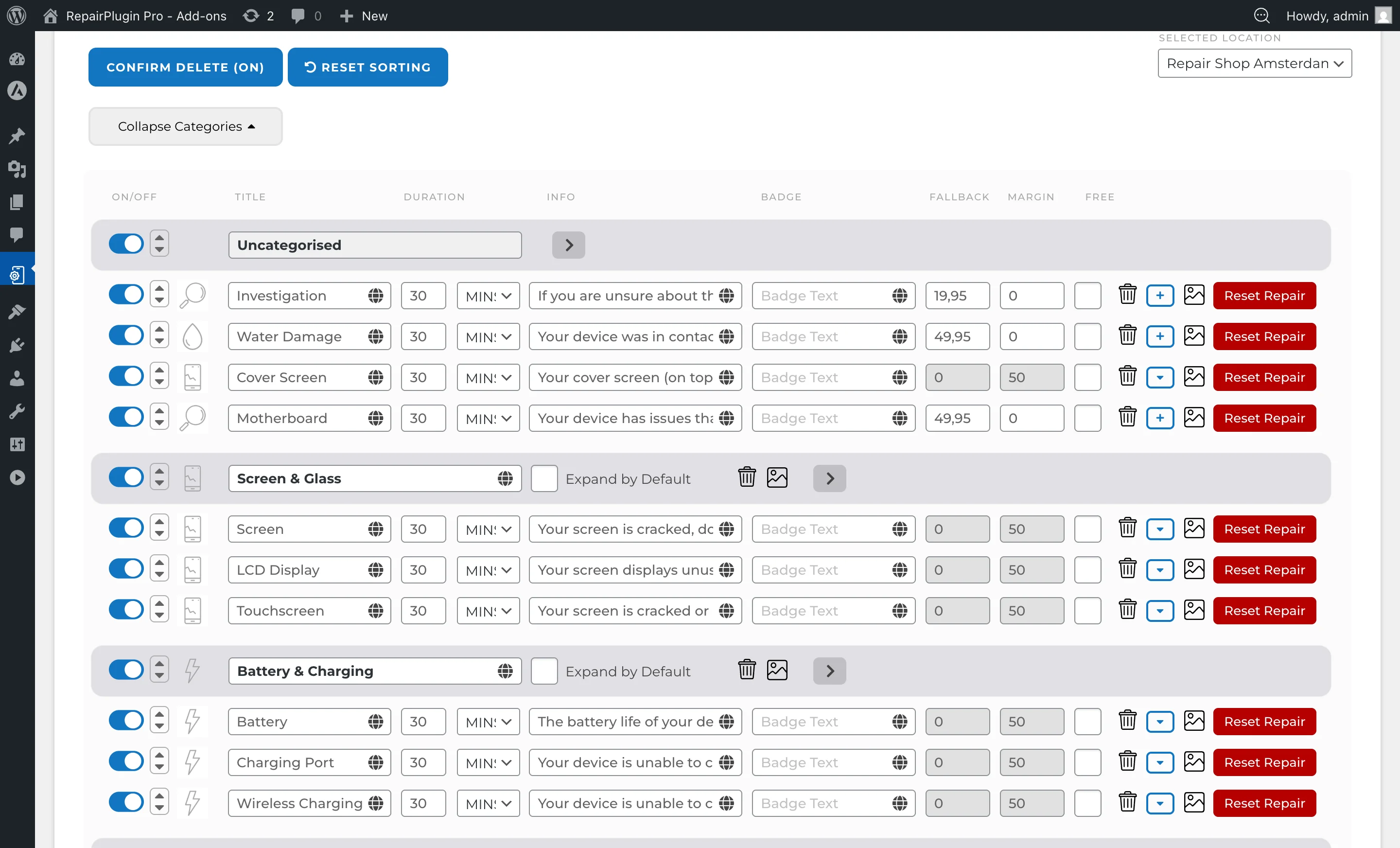 The Default Repairs editor for Smartphone showing repair rows for Investigation, Water Damage, Cover Screen, and Motherboard. A small downloaded-attribute indicator icon appears next to each repair name, marking it as a standard catalog repair eligible for Dynamic Pricing