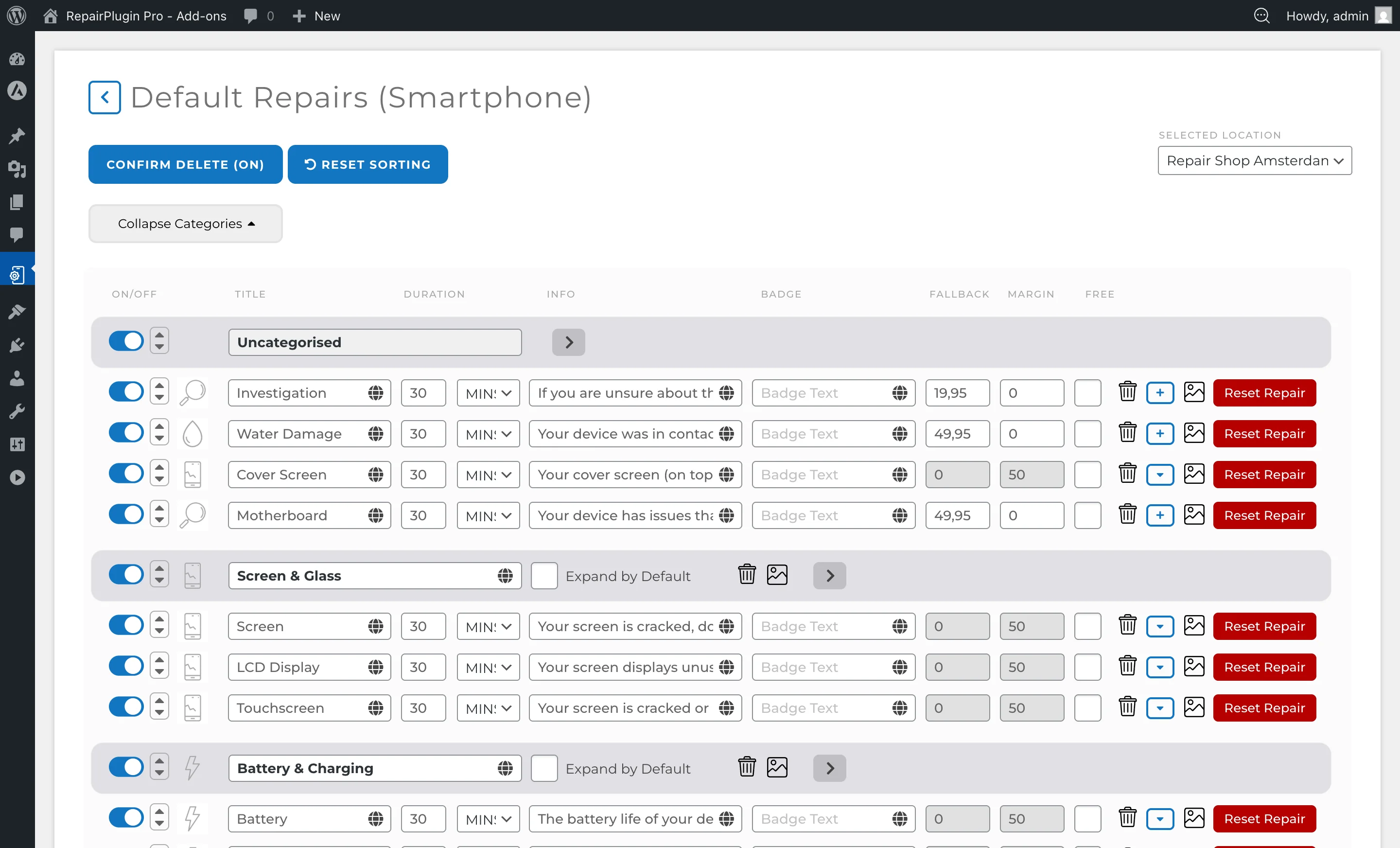 De Standaardreparaties-editor met het margepercentageveld wanneer Dynamische Prijzen actief is