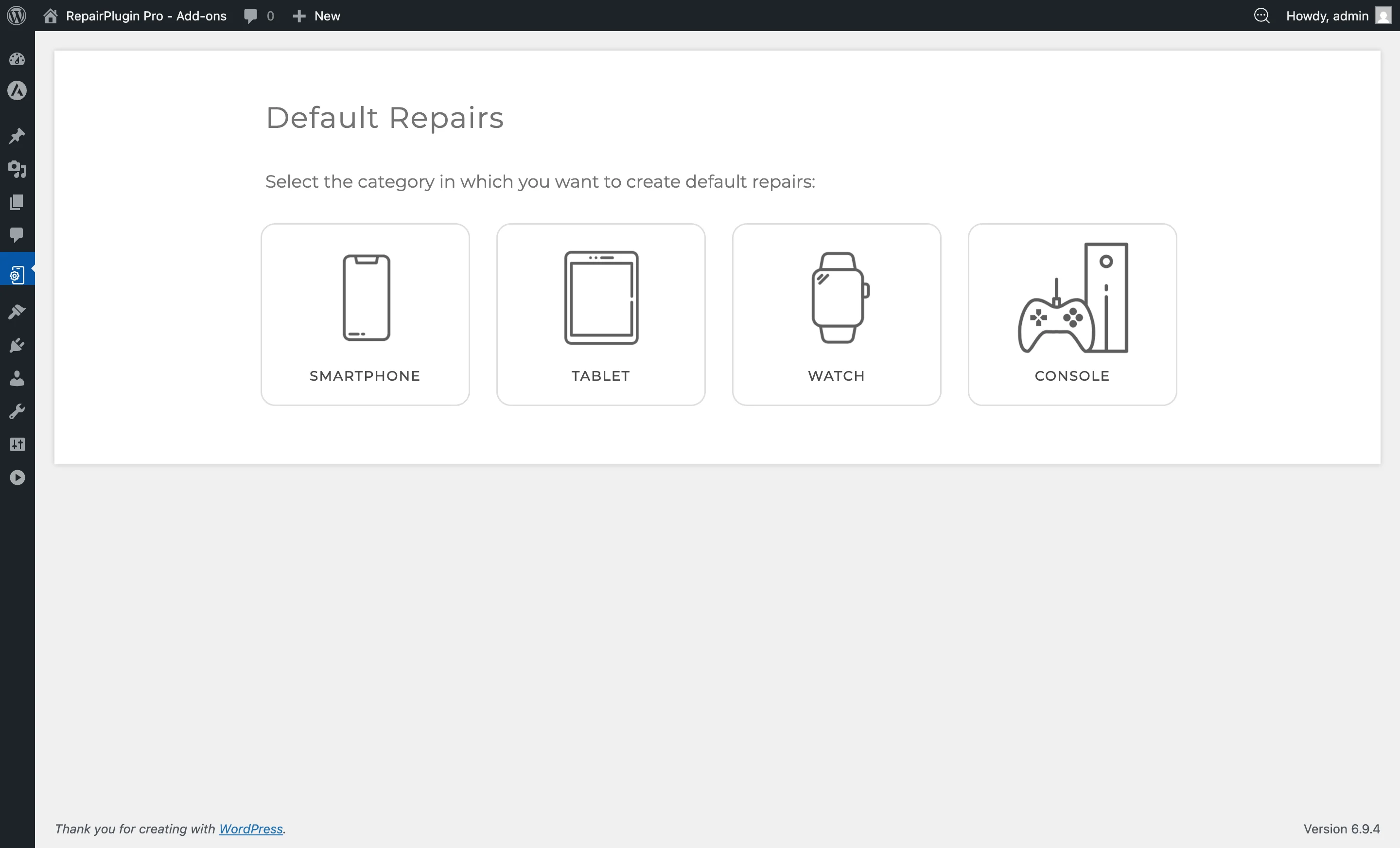 De Standaardreparaties-pagina met het categorieselectiescherm met apparaattype-tegels