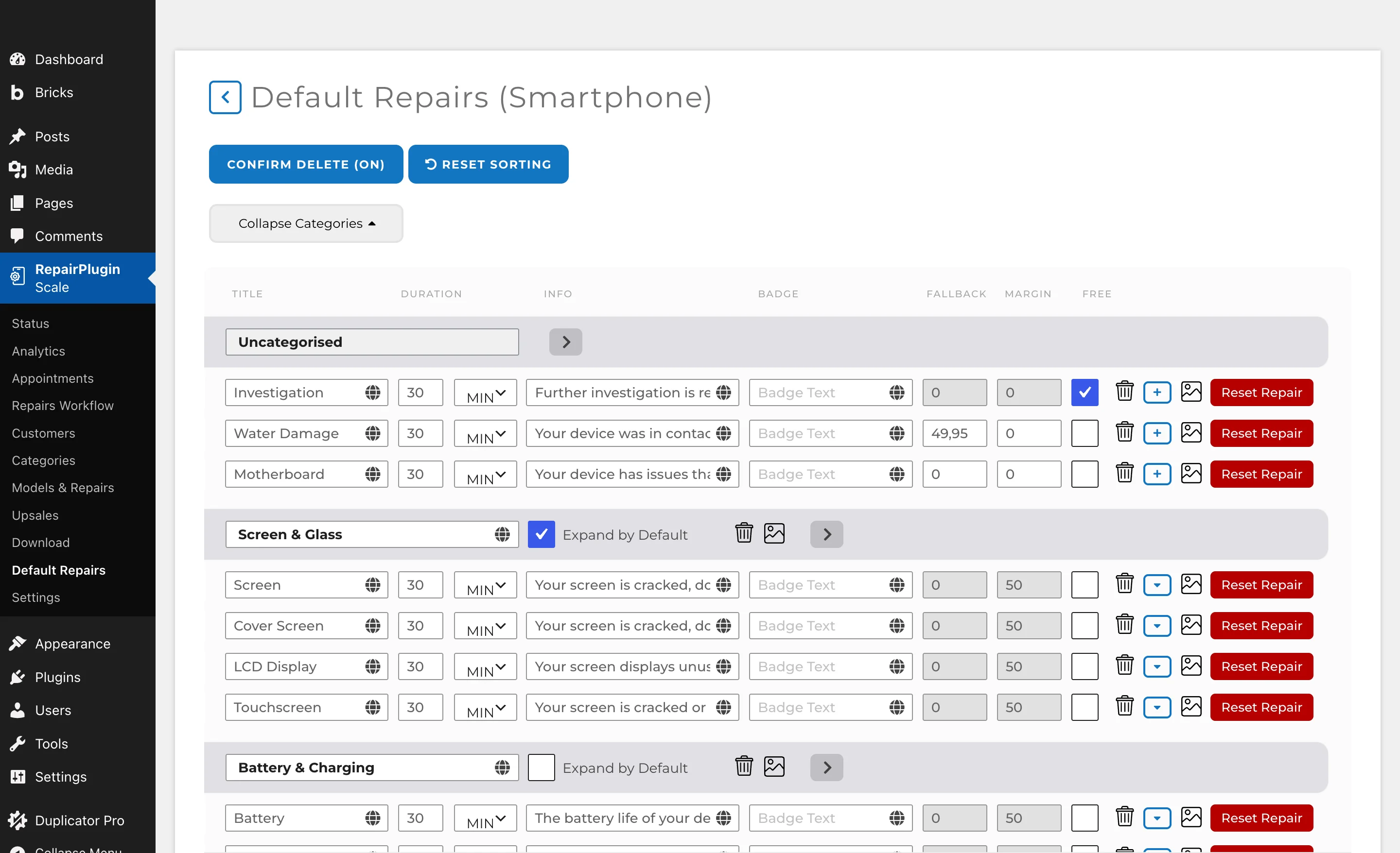 The Default Repairs editor showing the Reset Repair button that reconnects all models back to the default settings for that repair type