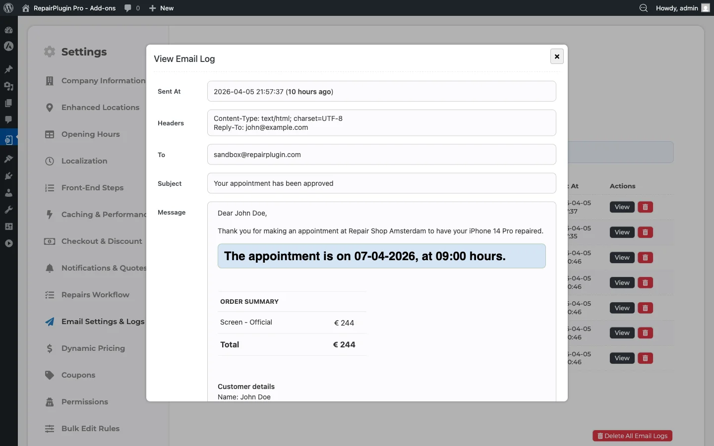 A booking confirmation email as received by the customer, showing order details, appointment date, and action buttons