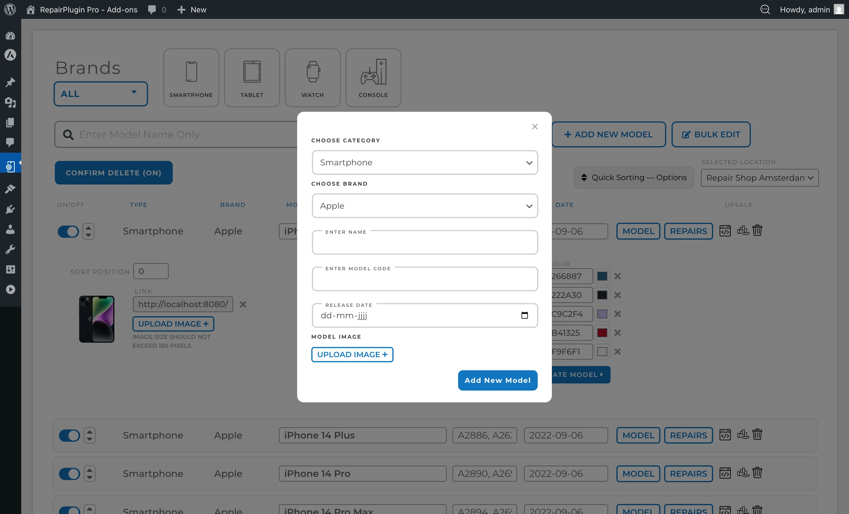 The Add New Model dialog with fields for model name, brand, image, and aliases