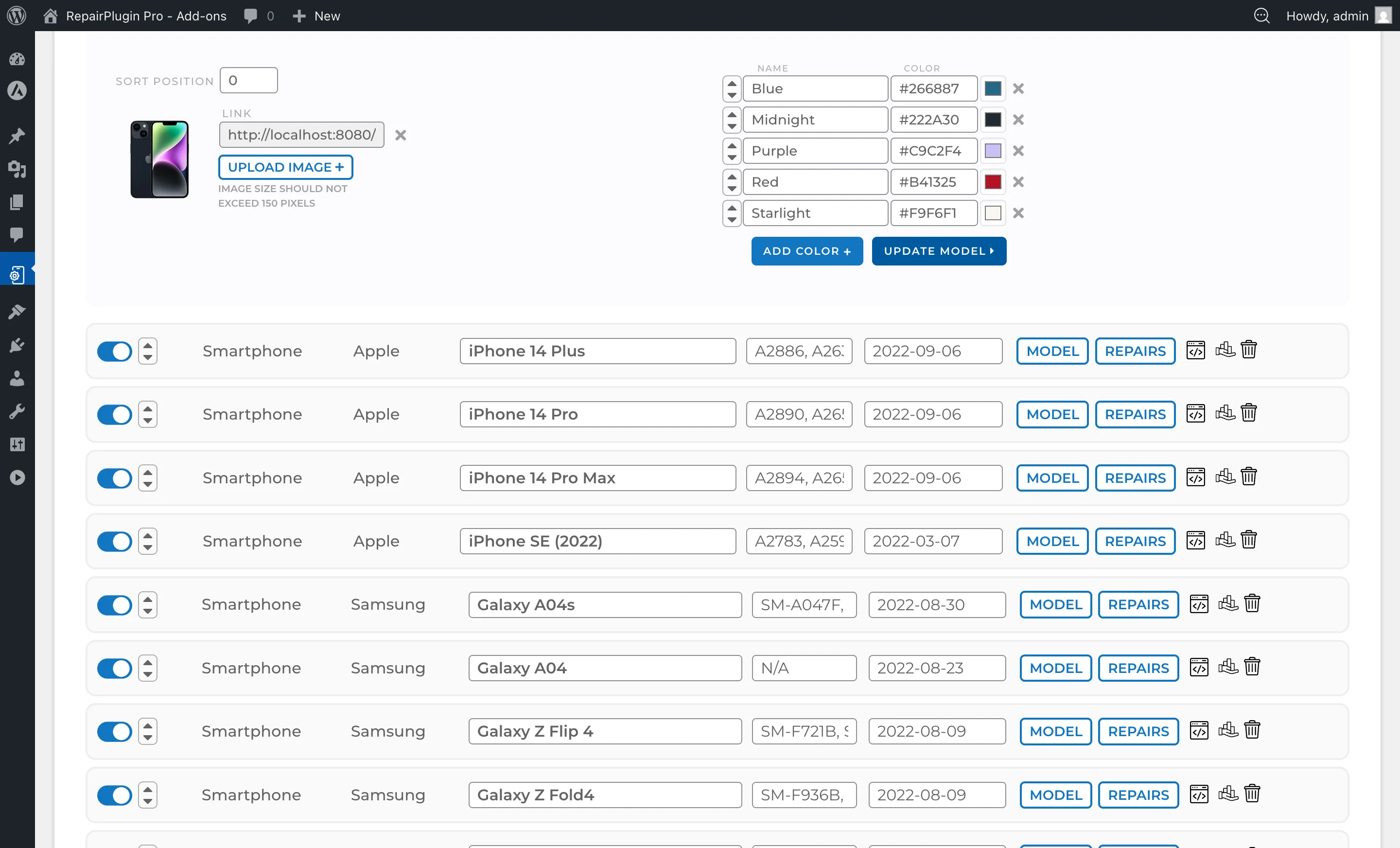 The model details panel expanded showing model name, image, aliases, and repair assignments