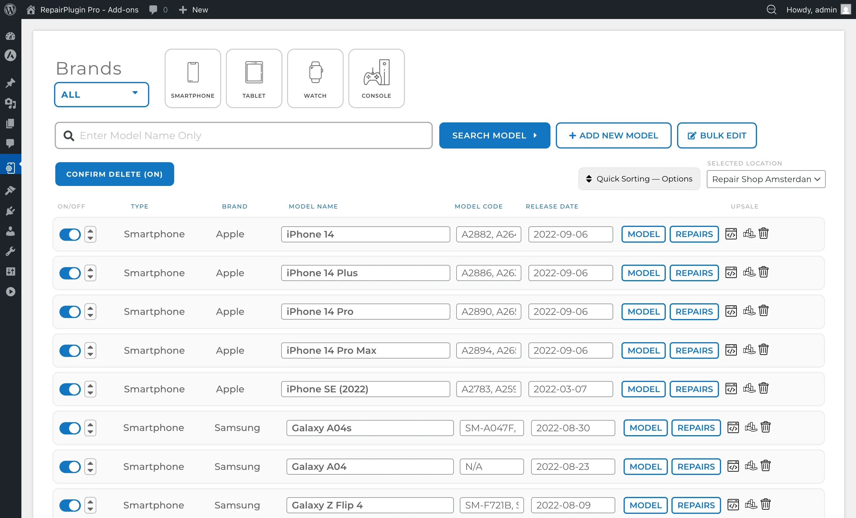 The Models & Repairs page showing the model list with brand filters, search bar, and model details
