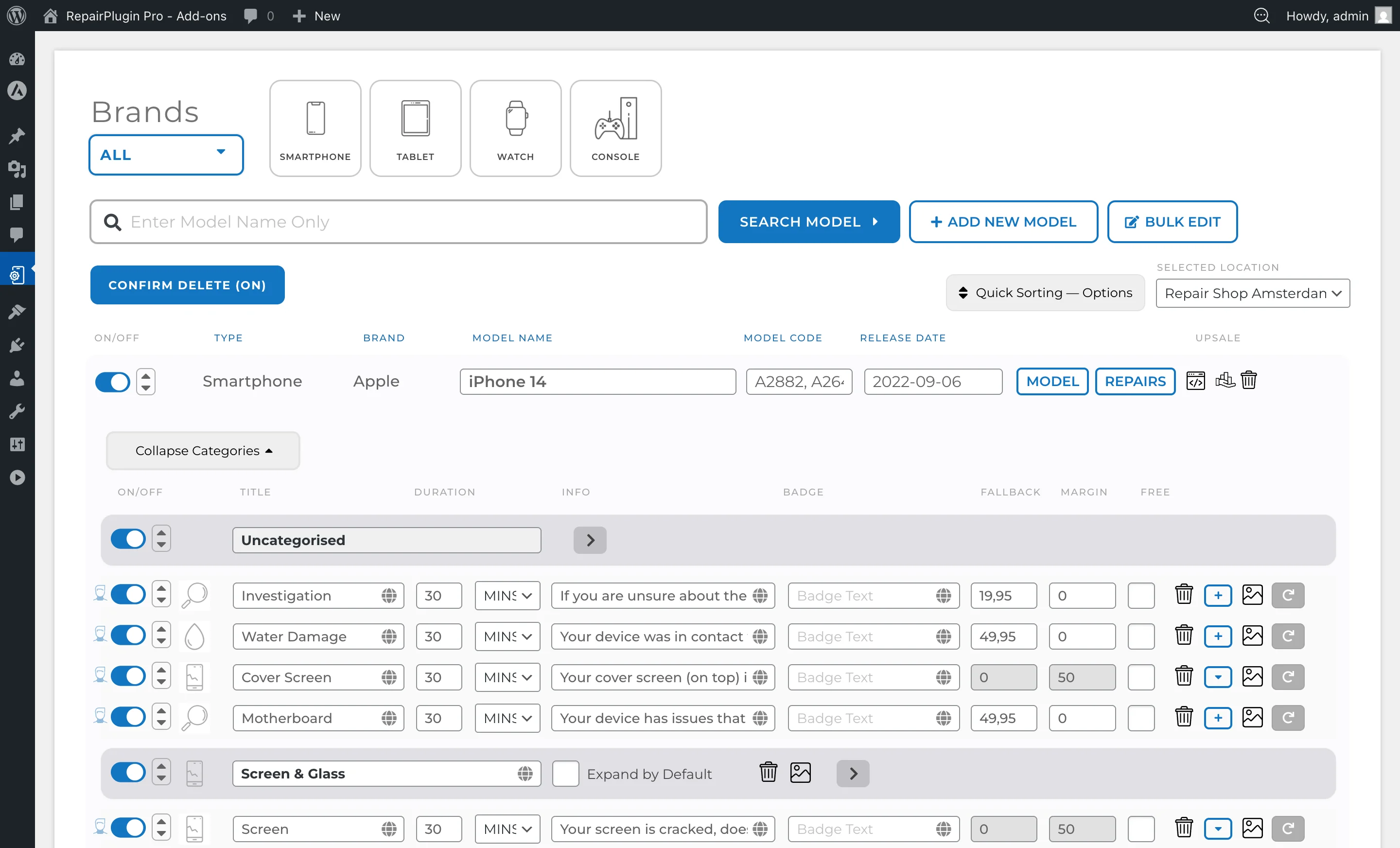 The Models and Repairs editor showing the margin field for setting model-specific price margins
