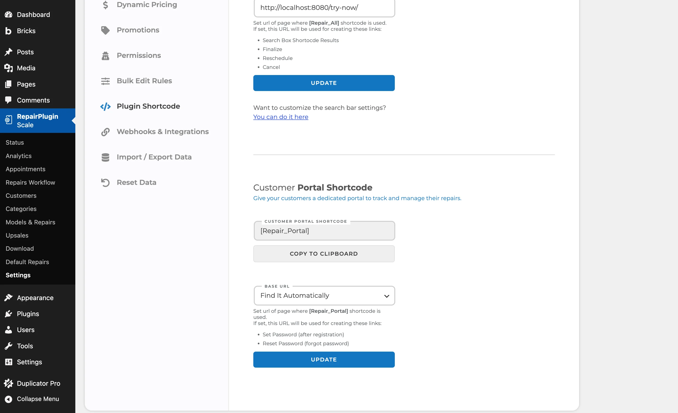 The Customer Portal Shortcode section showing the [Repair_Portal] shortcode with a copy button and the Base URL dropdown set to Find It Automatically