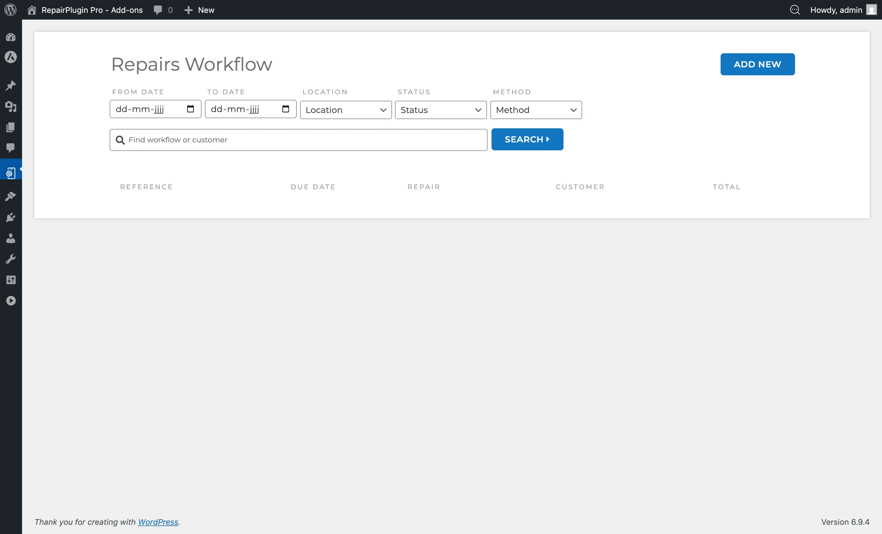 The Repairs Workflow management page showing active workflows with status badges and due dates