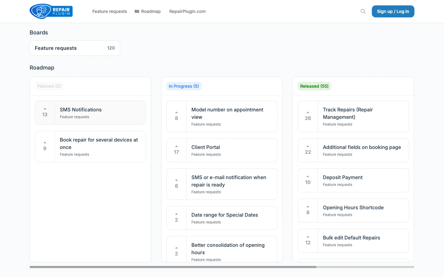 The roadmap portal showing feature requests organized by status with voting buttons