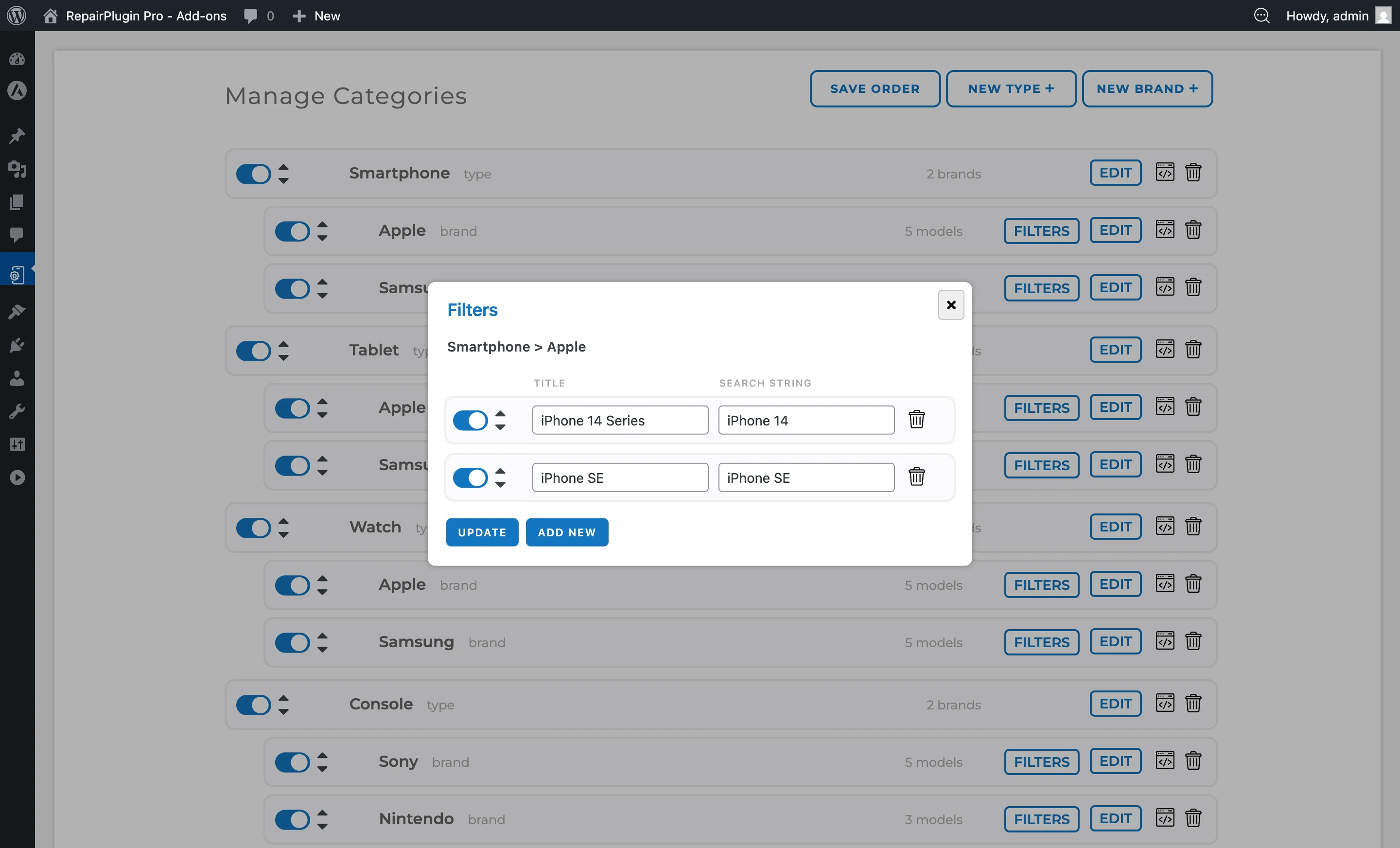 The series filter popup showing filter options to narrow down models within a brand