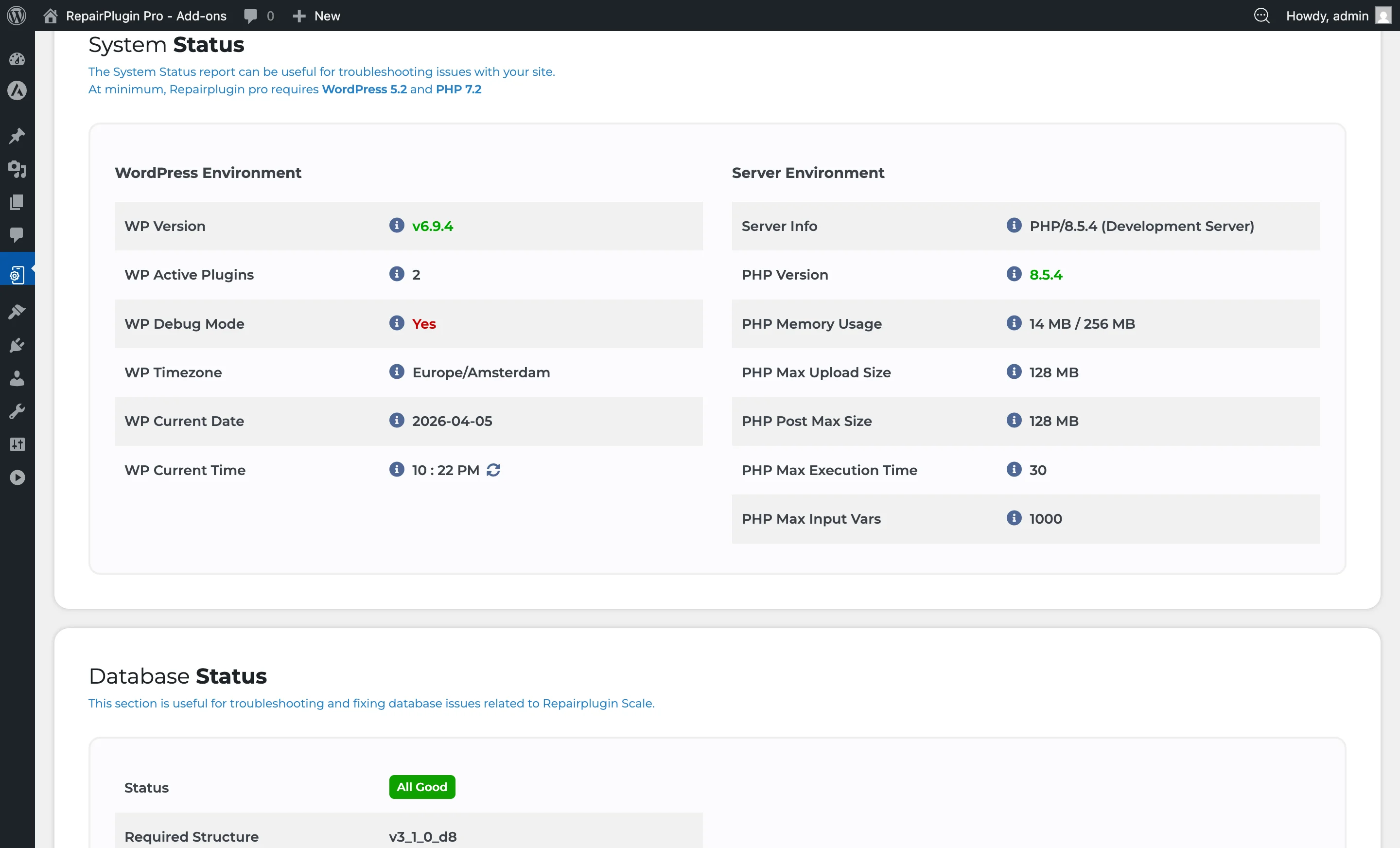 The System Status section showing WordPress and server environment details with version checks and memory usage