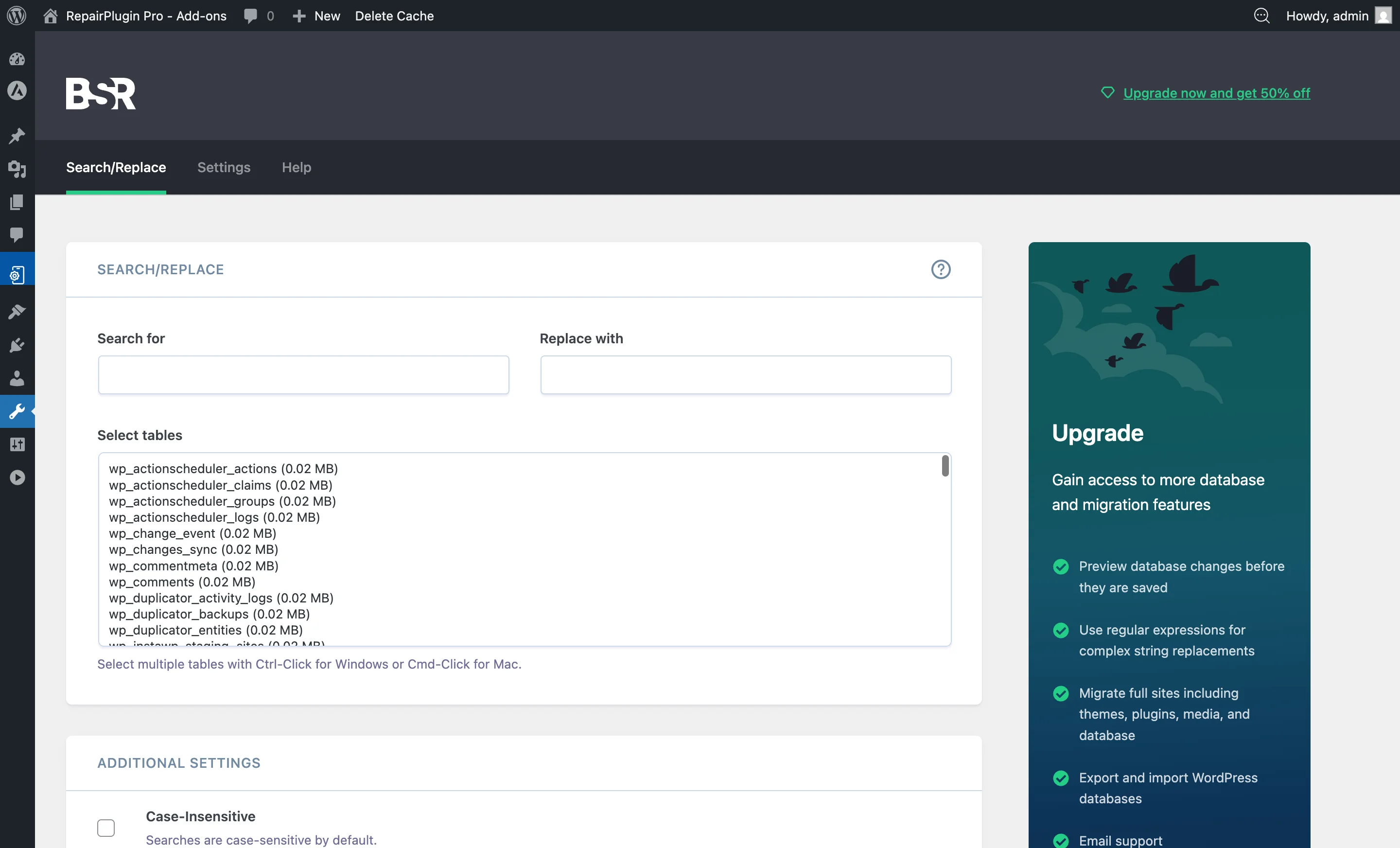 De Better Search Replace-tool met de zoek- en vervangvelden en de geselecteerde RepairPlugin rs_-tabellen