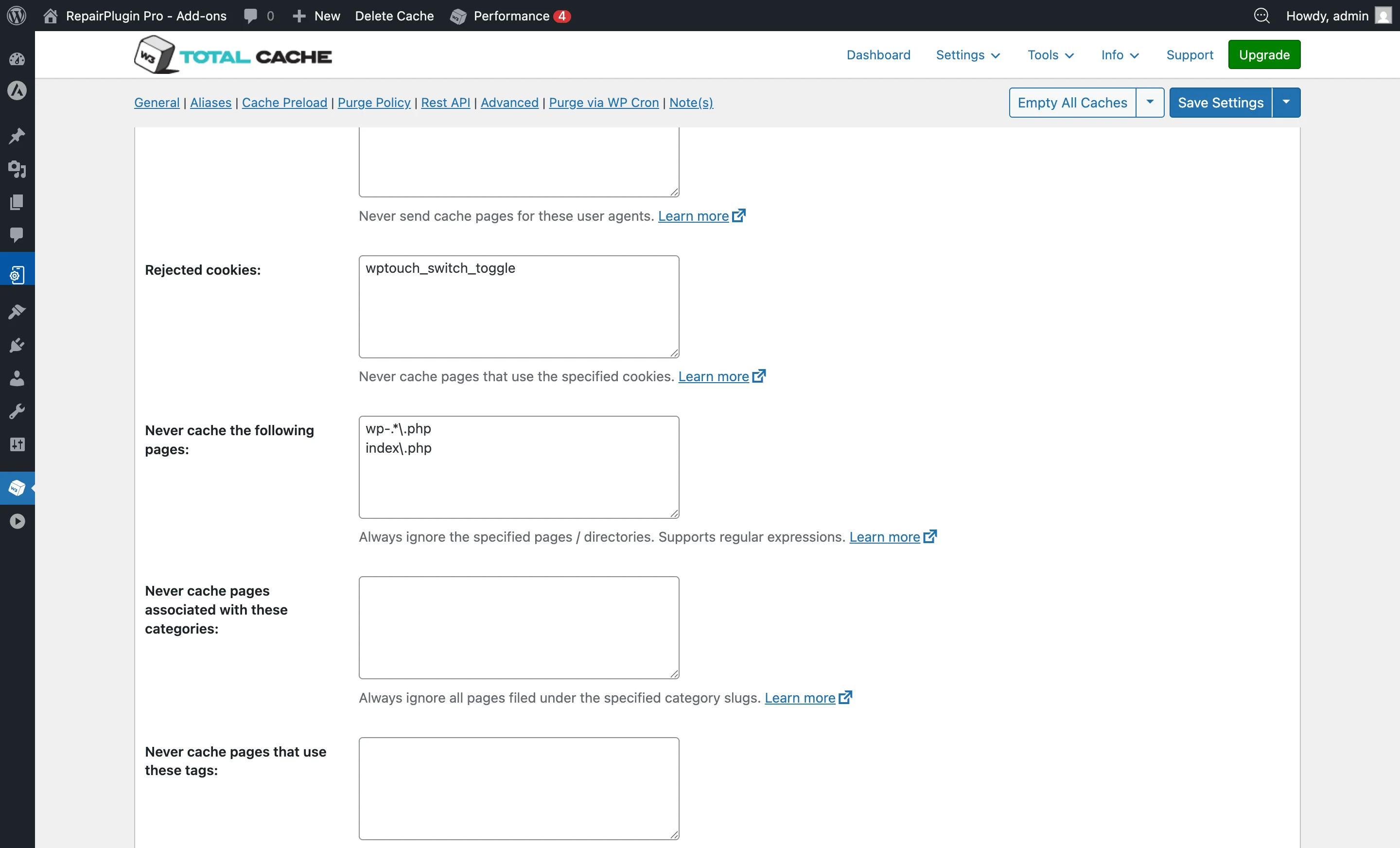 The W3 Total Cache page cache settings showing the Never cache the following pages field where you add RepairPlugin page paths