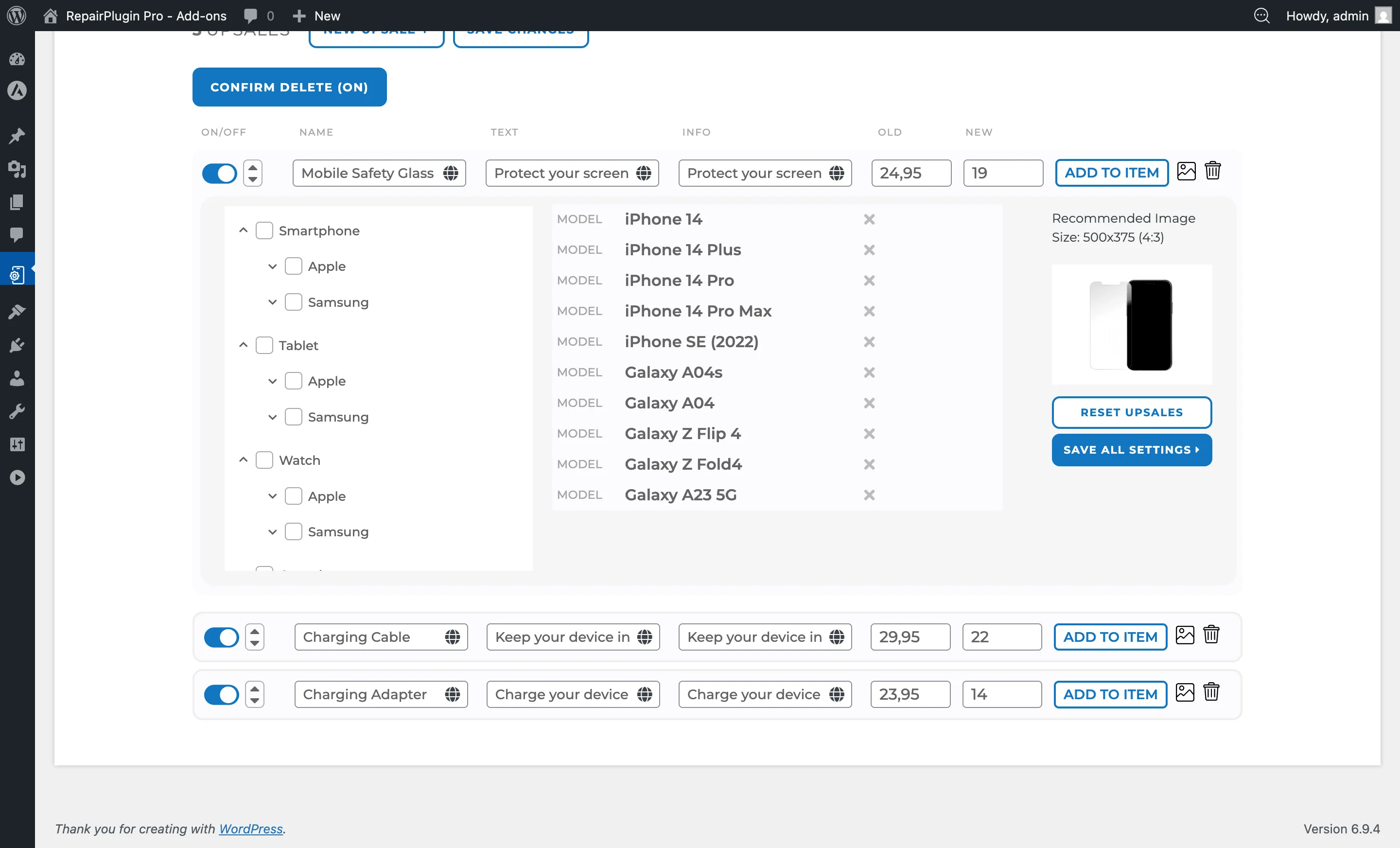 The upsale model connection tree showing checkboxes to assign an upsale to specific device models