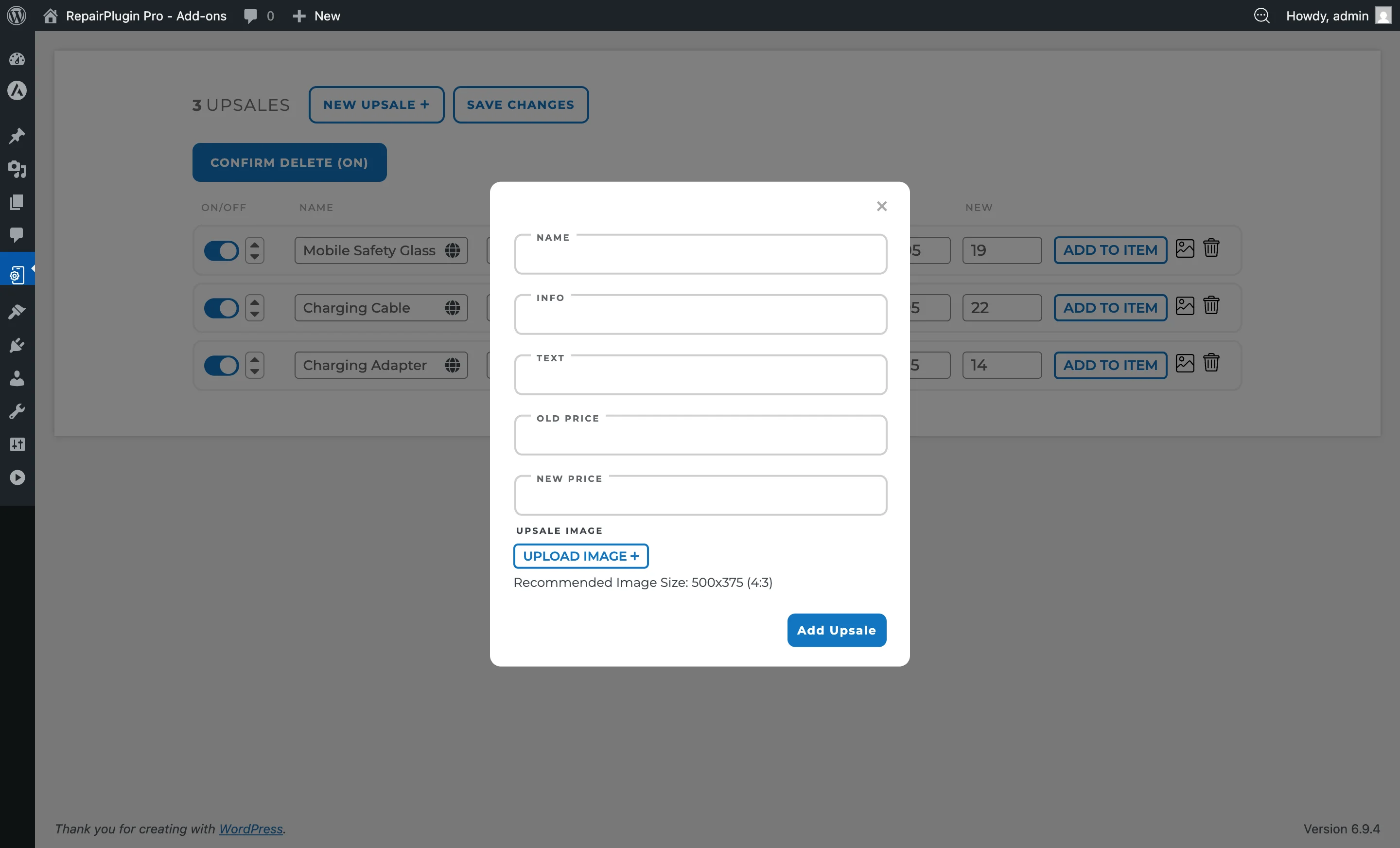 The New Upsale dialog with fields for name, price, image, and description