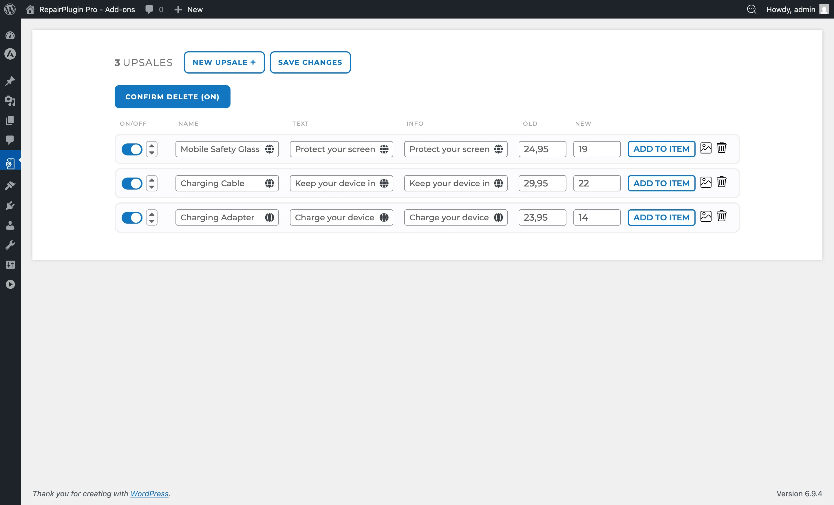 The Upsales management page showing upsale items with images, prices, and model connection buttons