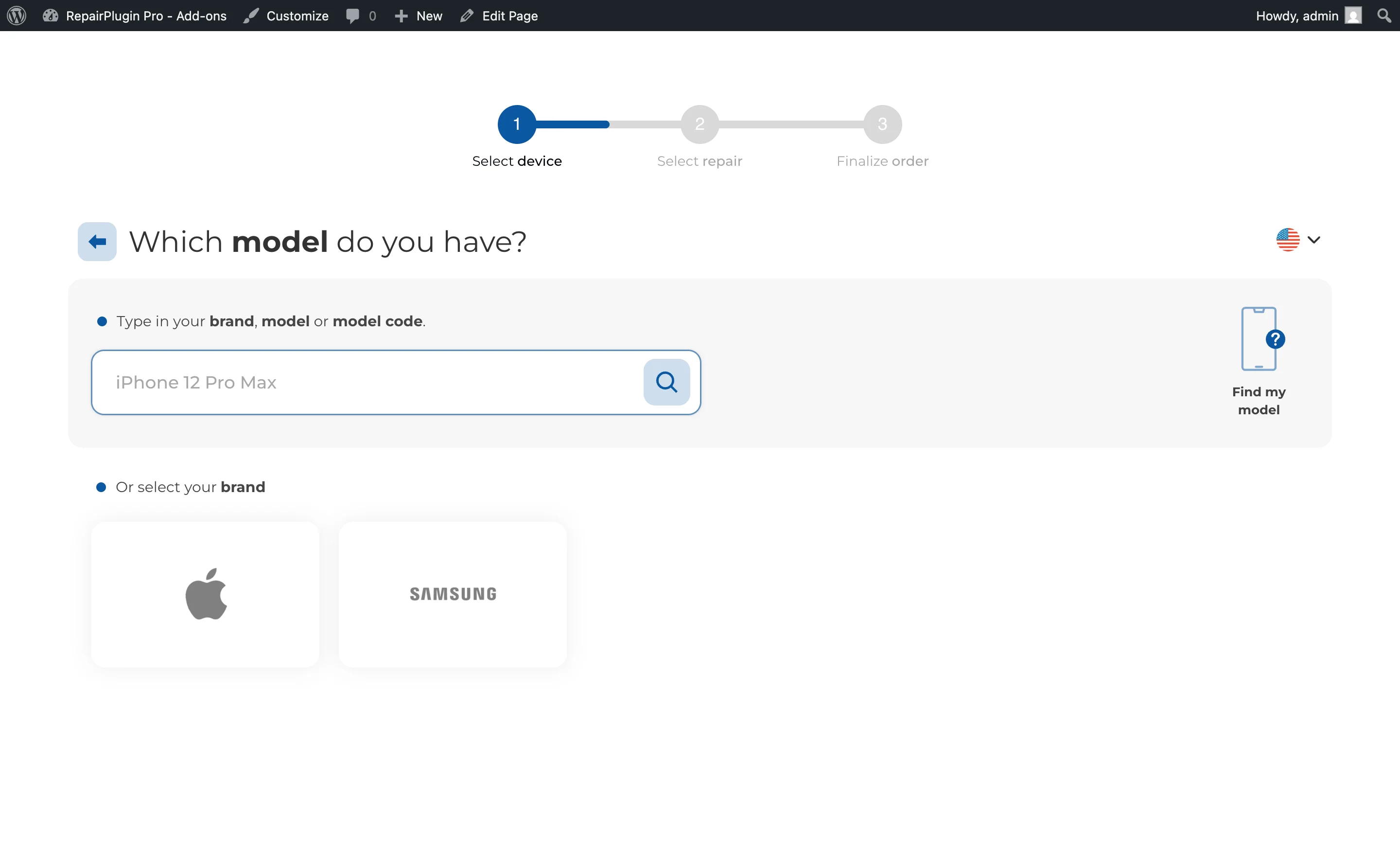The brand grid shortcode output displaying brand logos for customers to select from