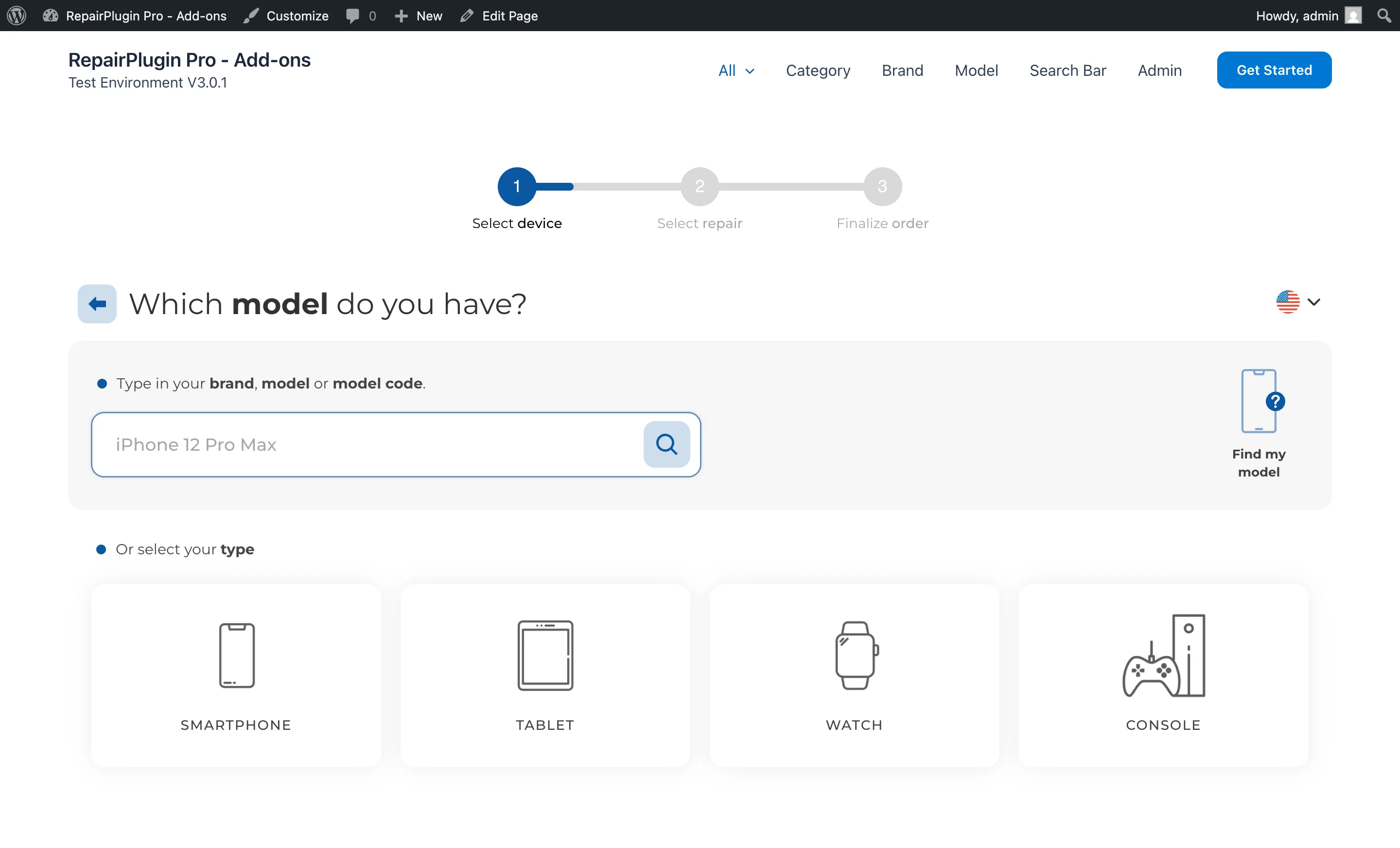 The category grid shortcode output showing device type icons in a grid layout