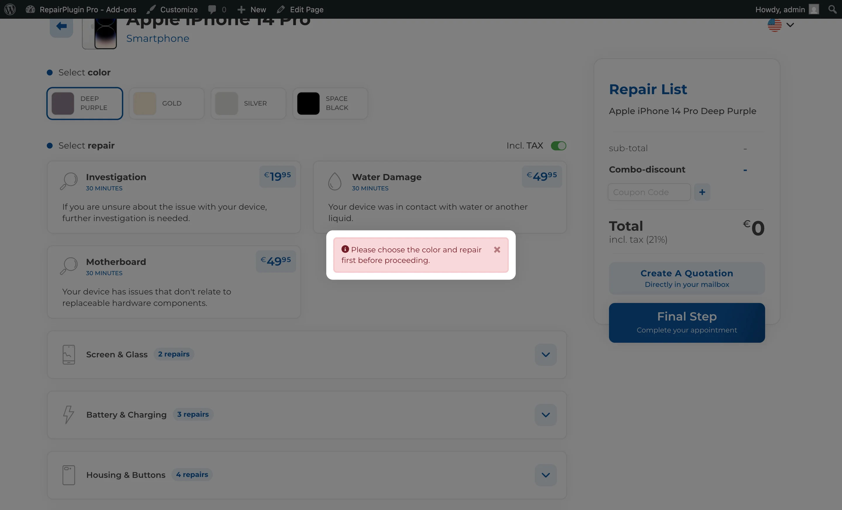 The checkout step with contact details, delivery method, date picker, and order summary