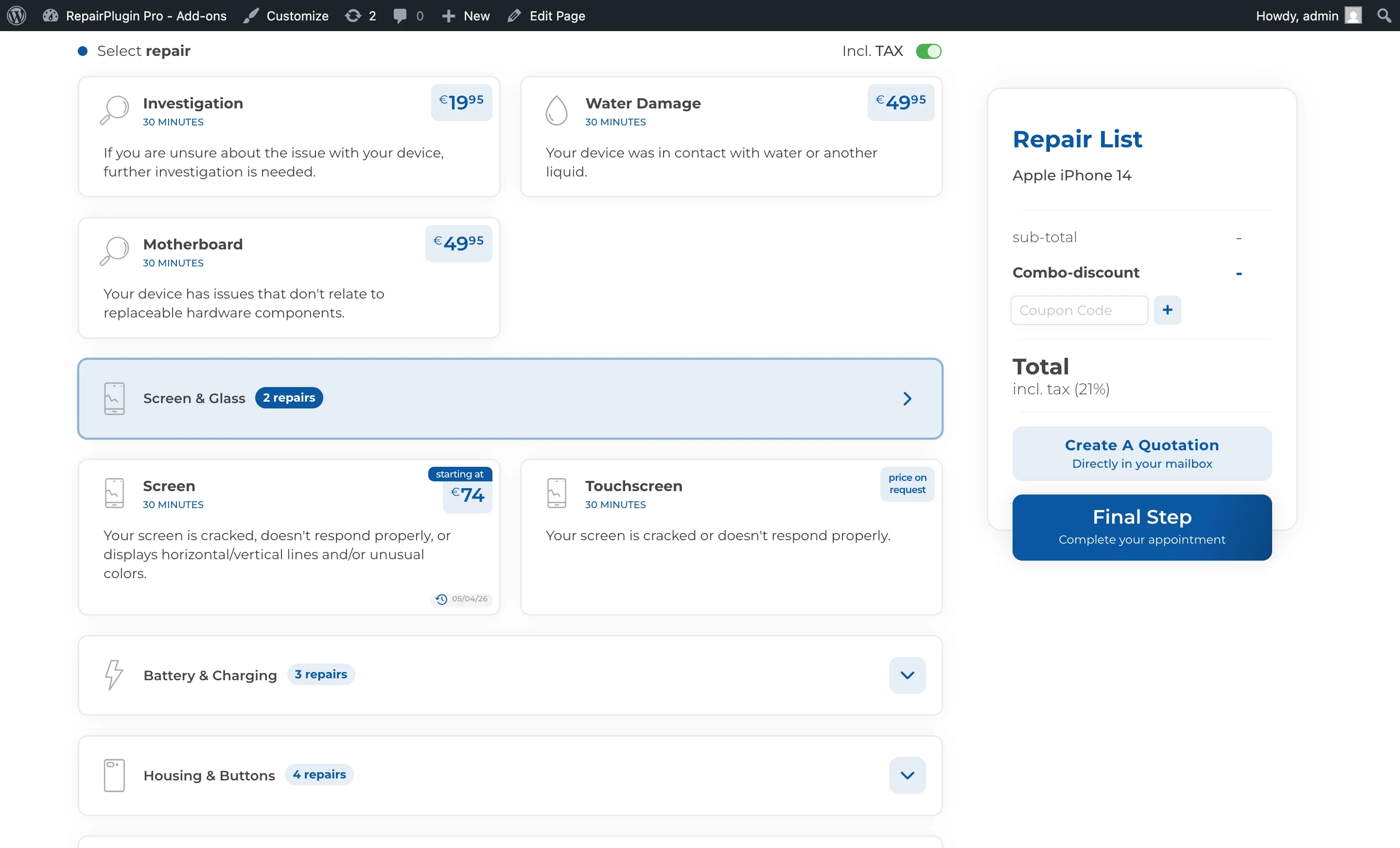 The customer-facing booking flow on an Apple iPhone 14 with the Screen & Glass section expanded. The Screen repair card shows a "starting at €74" price with a small last-updated date badge next to it, confirming Dynamic Pricing is active for that repair
