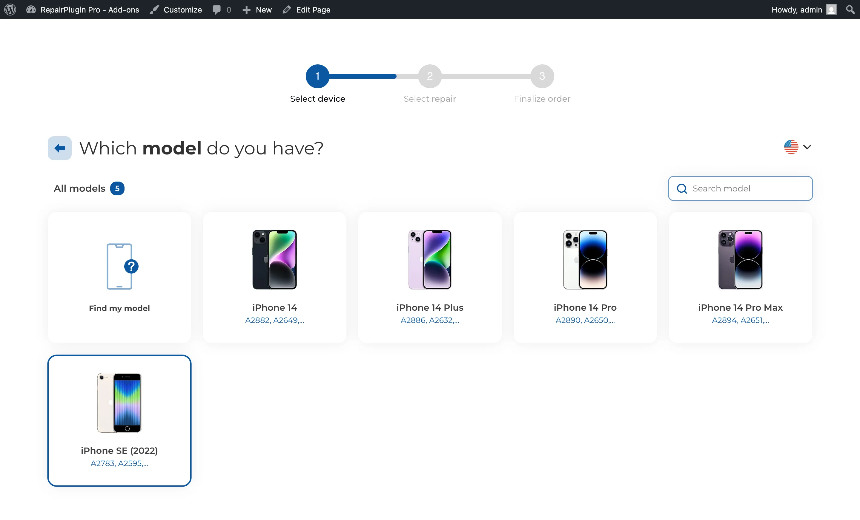 The model selection step showing device models with images for the chosen brand