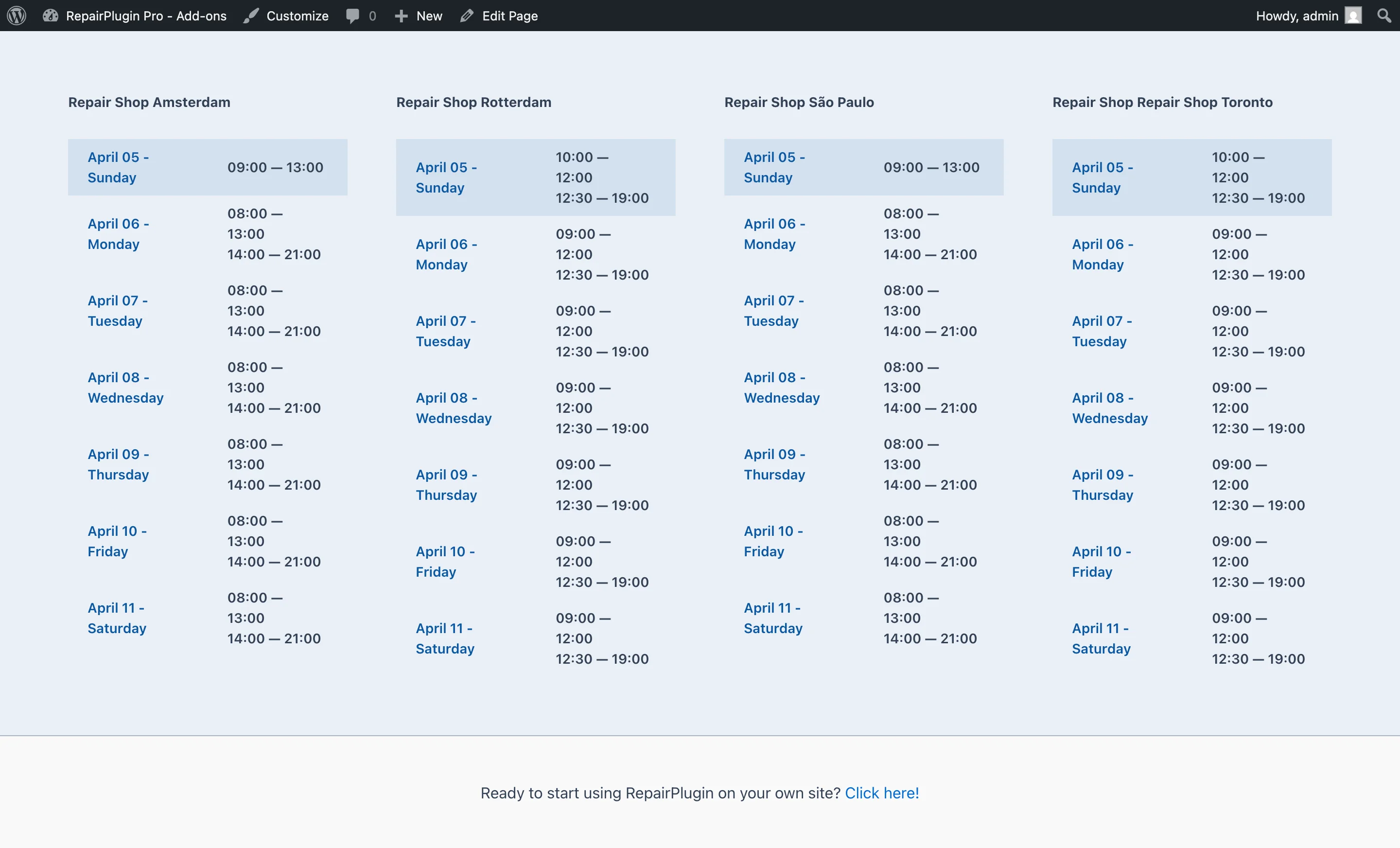 The opening hours widget on the frontend showing a weekly schedule with live open/closed indicator