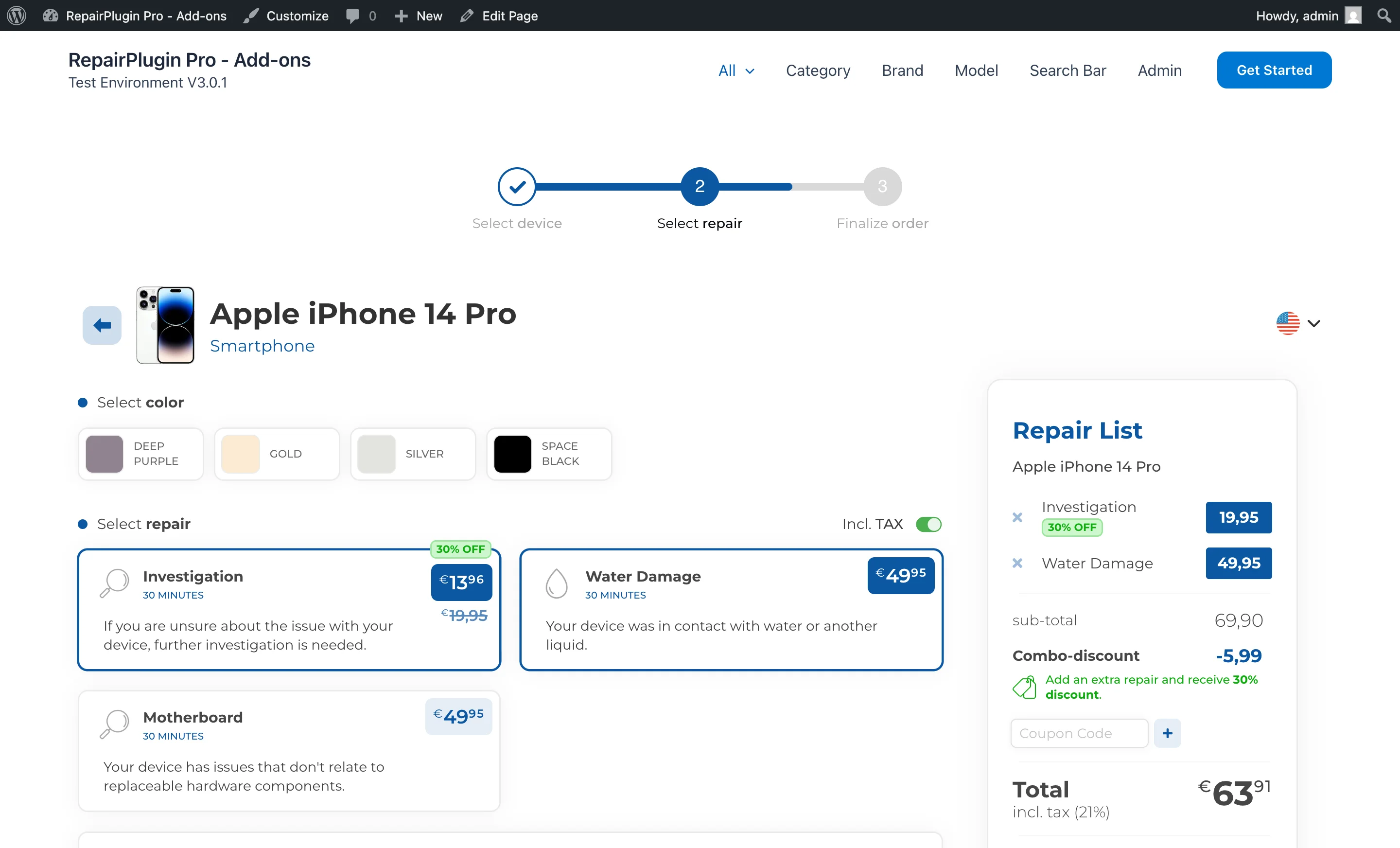 The order summary showing a combo discount applied when multiple repairs are selected for the same device