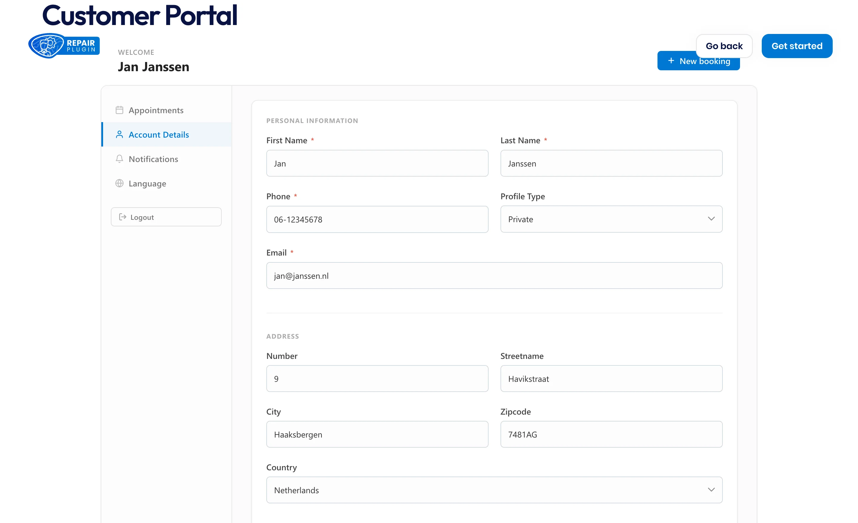 The portal Account Details tab with editable fields for name, phone, profile type, email, and address