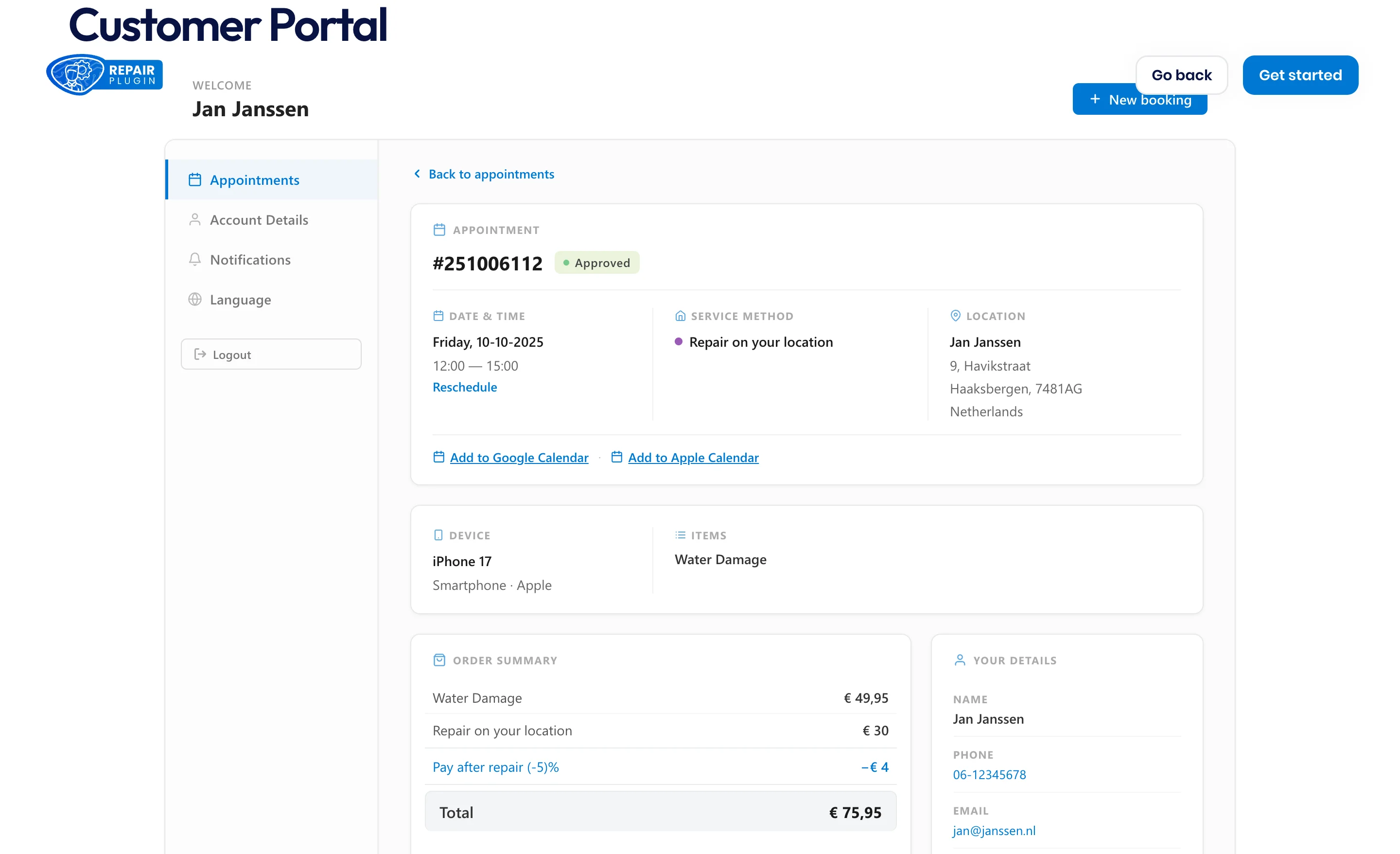 The appointment detail view with date and time, a reschedule link, service method, location, calendar links, device info, and the order summary