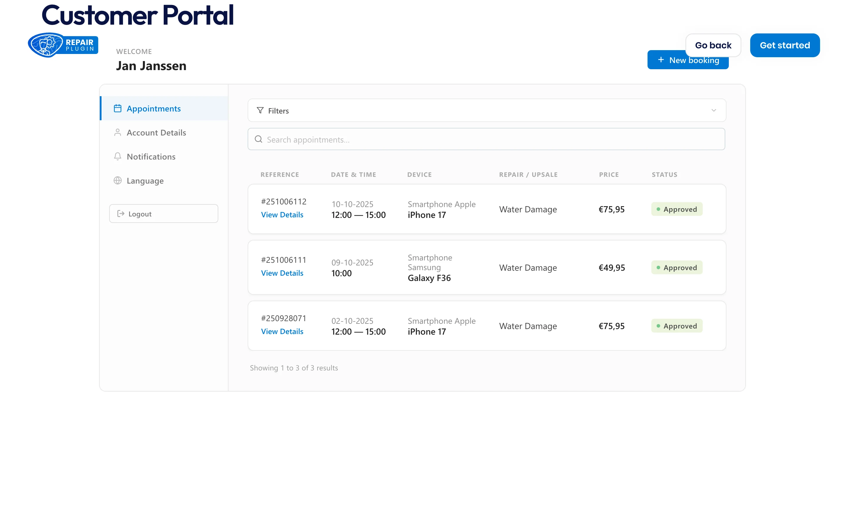 The portal Appointments tab showing a list of bookings with reference numbers, dates, devices, repairs, prices, and status badges, plus filters and a search box