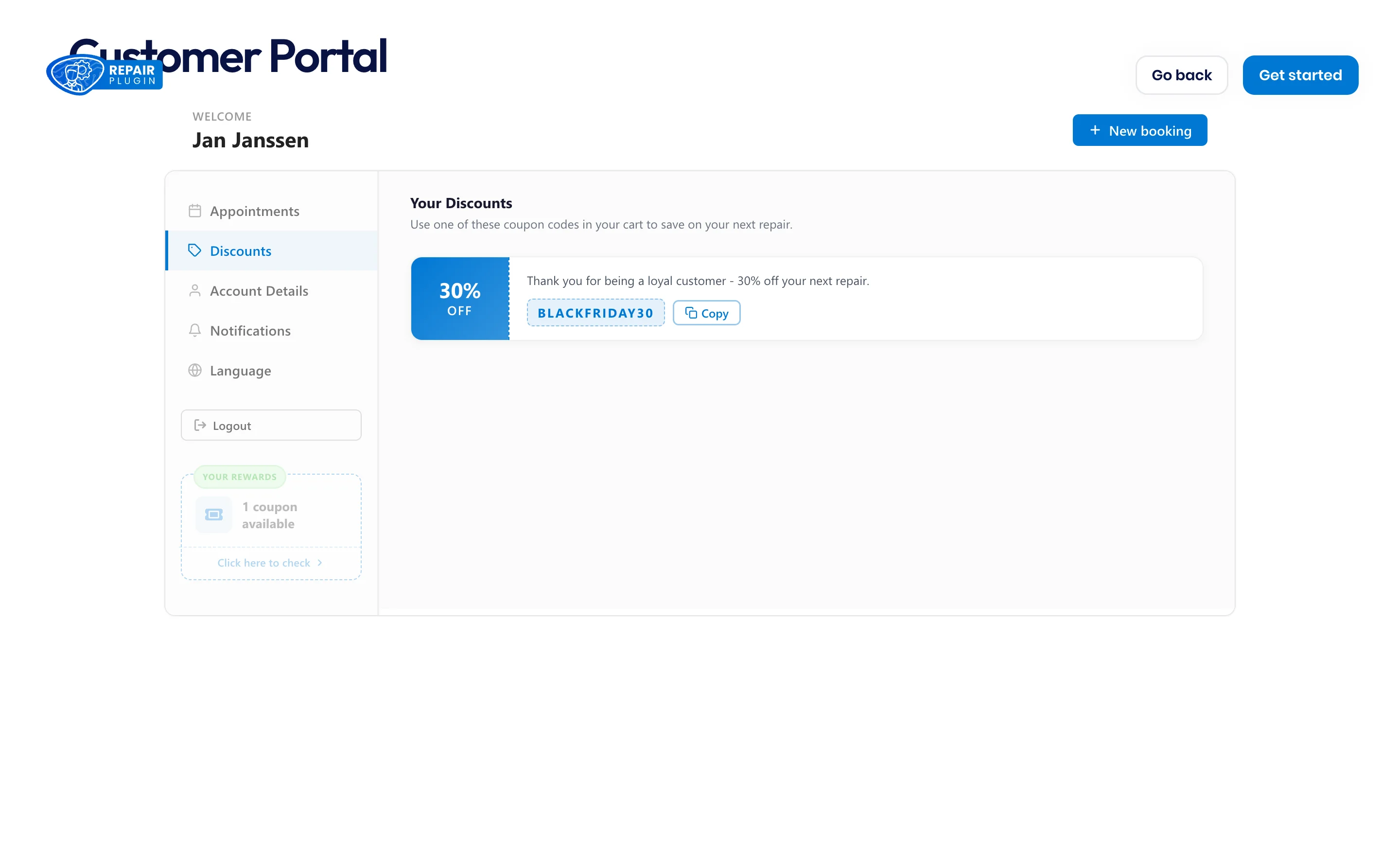 The portal Discounts tab showing a coupon card with a 30% off badge, a description, the coupon code, and a copy button