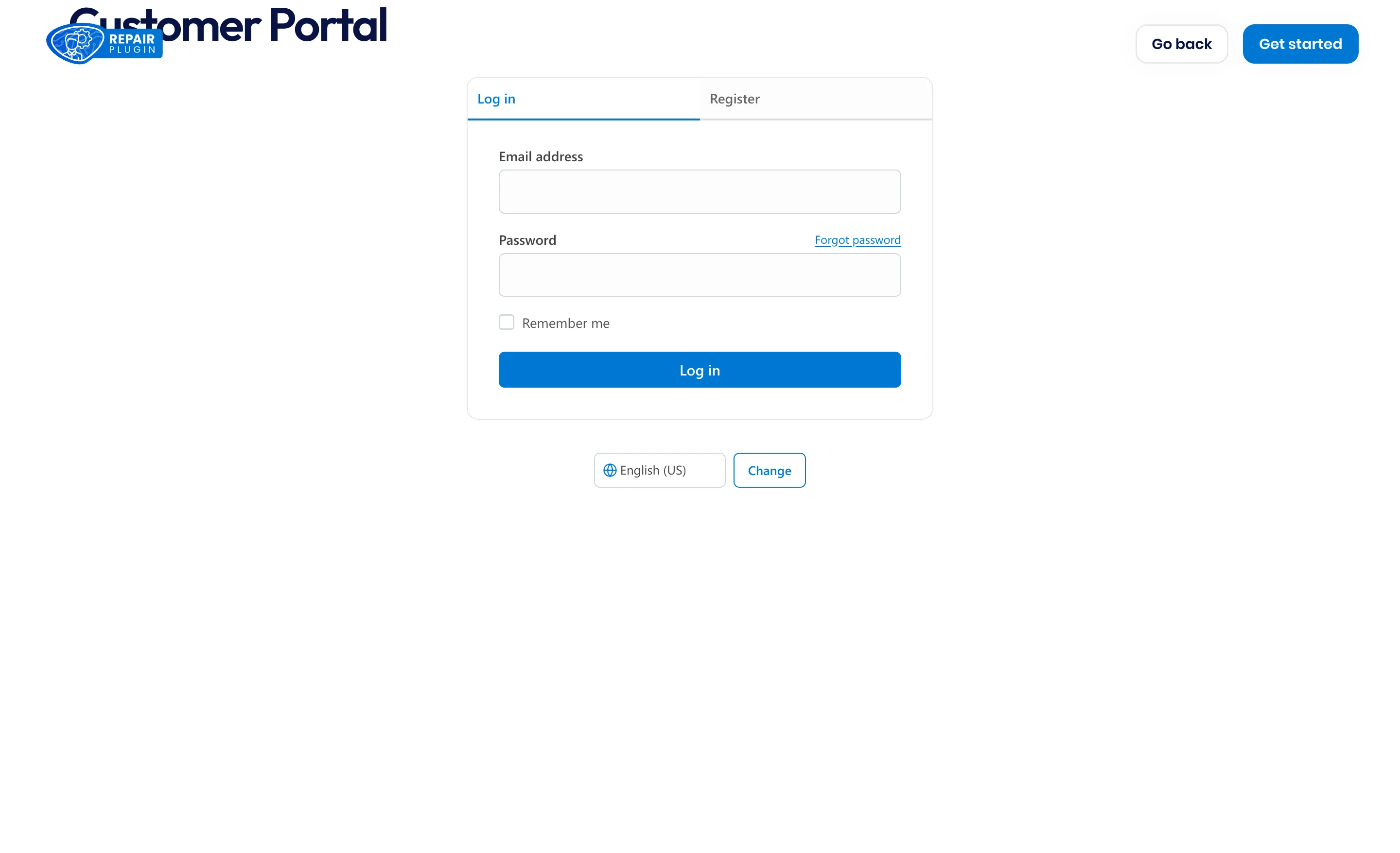 The Customer Portal login card with Log in and Register tabs, email and password fields, a forgot-password link, and a language selector