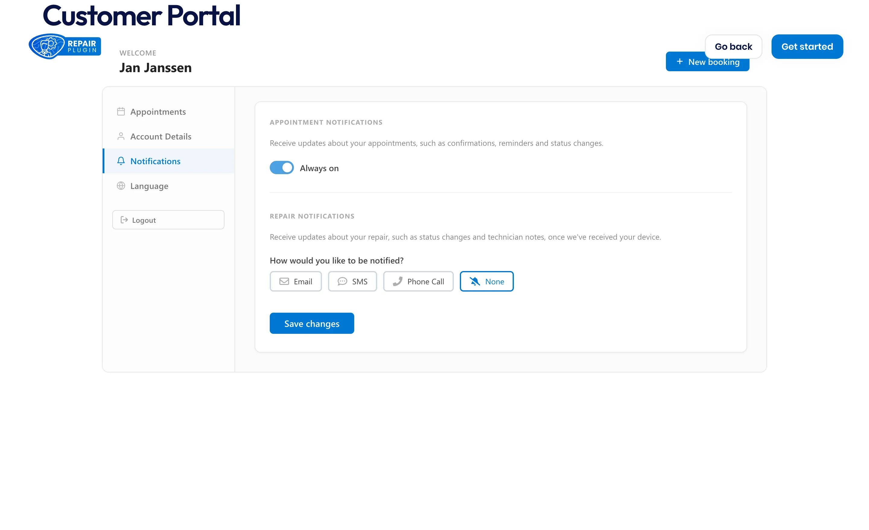 The portal Notifications tab with the always-on appointment notifications switch and the Email, SMS, Phone Call, and None options for repair updates