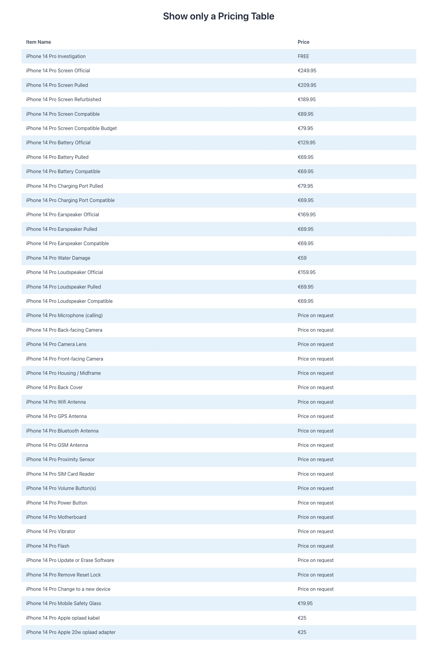 A fully rendered pricing table showing all iPhone 14 Pro repairs with Item Name and Price columns, including screen, battery, charging port, and speaker repairs with alternating row colors