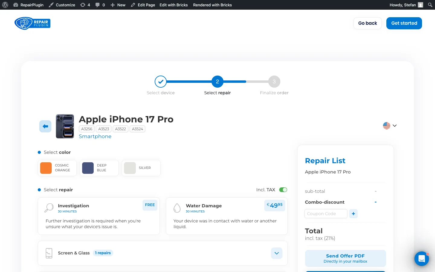 The frontend repair selection page for Apple iPhone 17 Pro with model code badges (A3256, A3523, A3522, A3524) displayed next to the device name