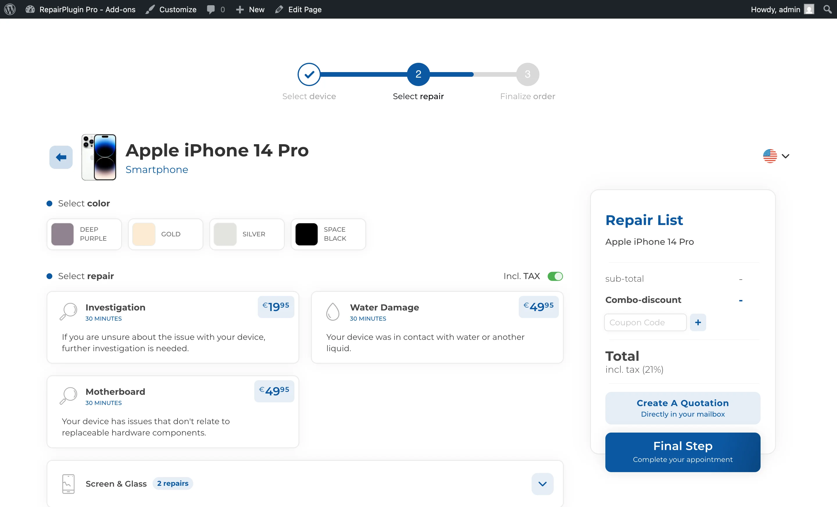 The repair selection step showing available repairs with prices for the selected device