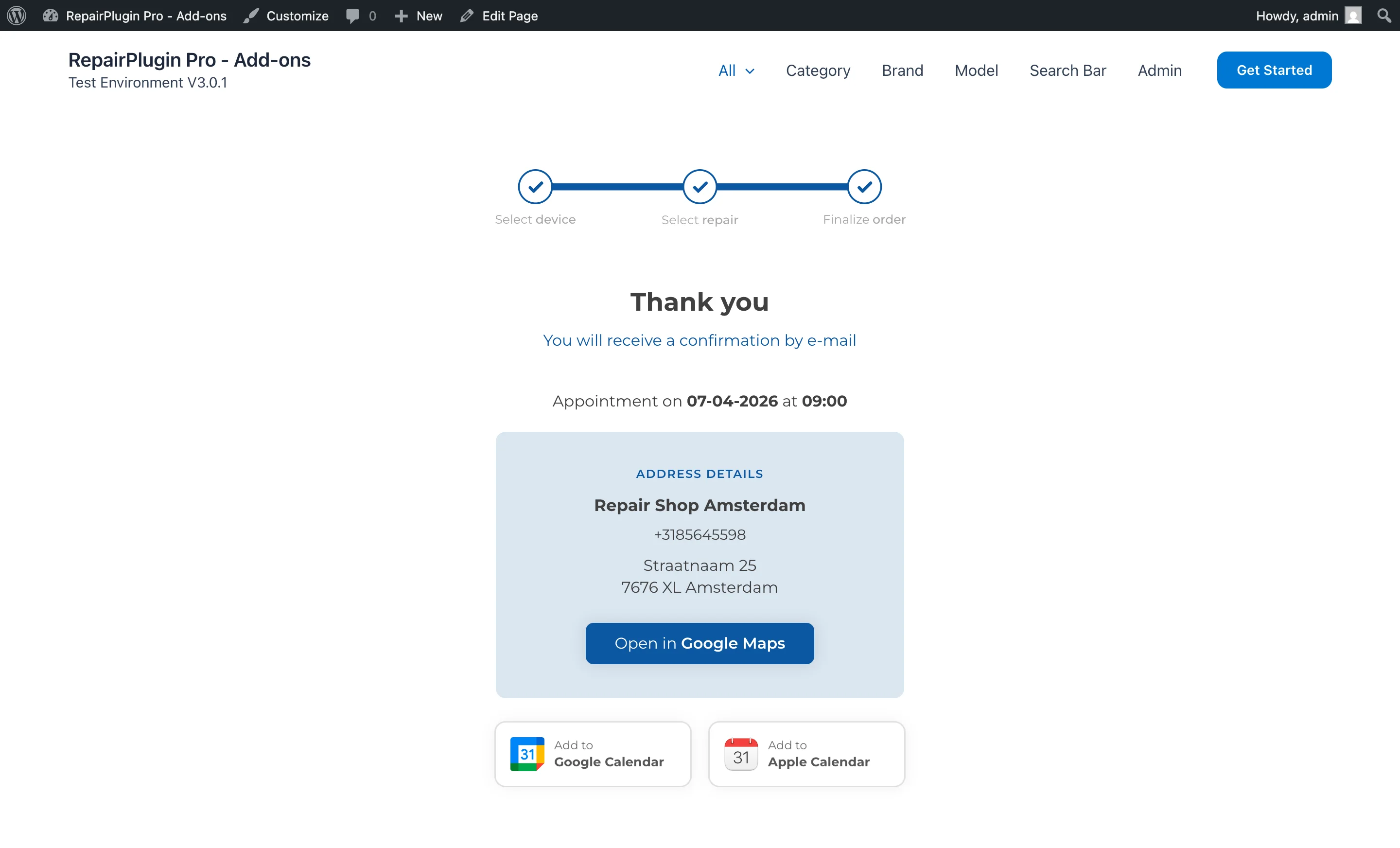 The Thank You page showing booking confirmation details and appointment summary