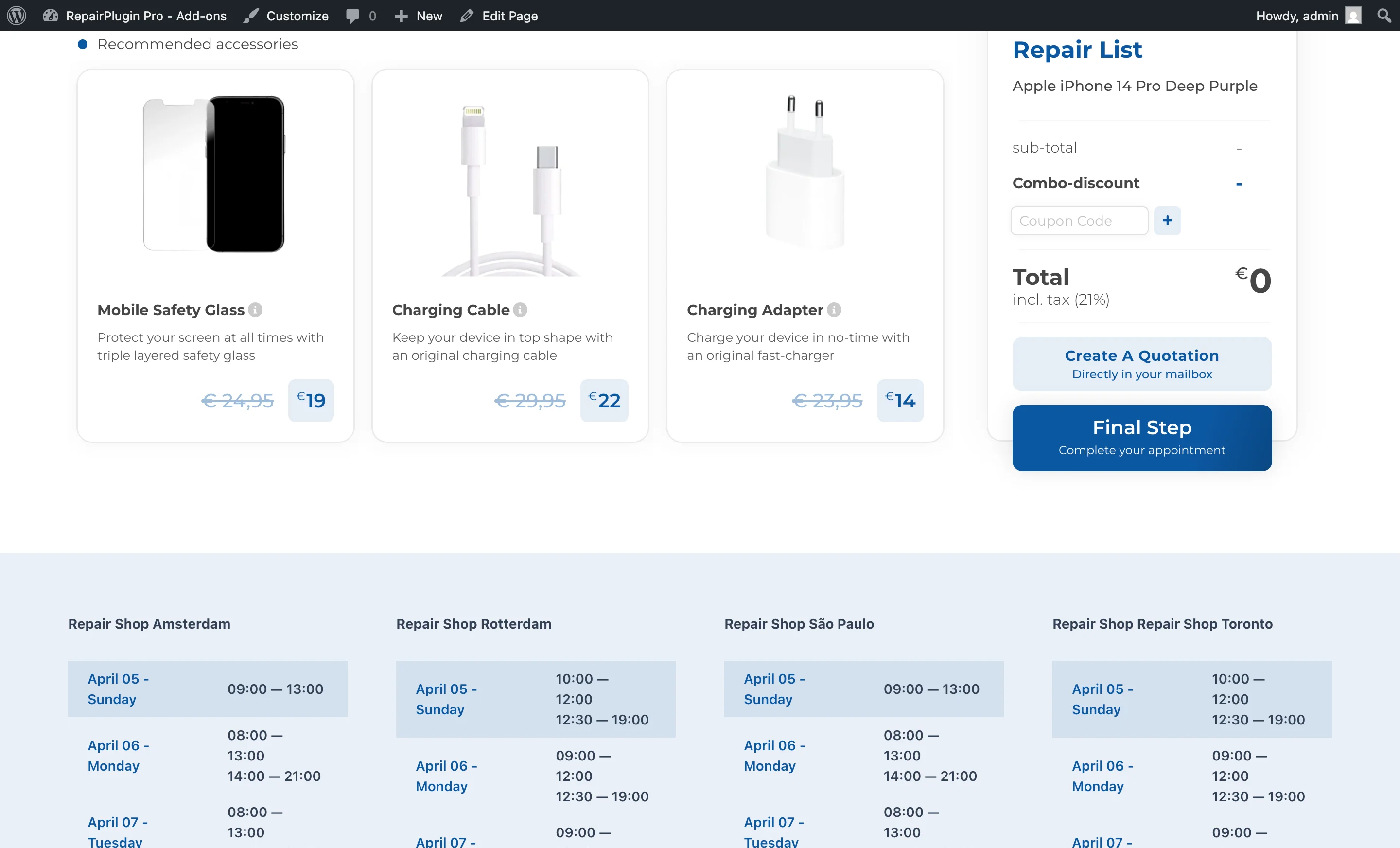 The upsales and accessories step on the front-end booking form showing accessory cards with prices