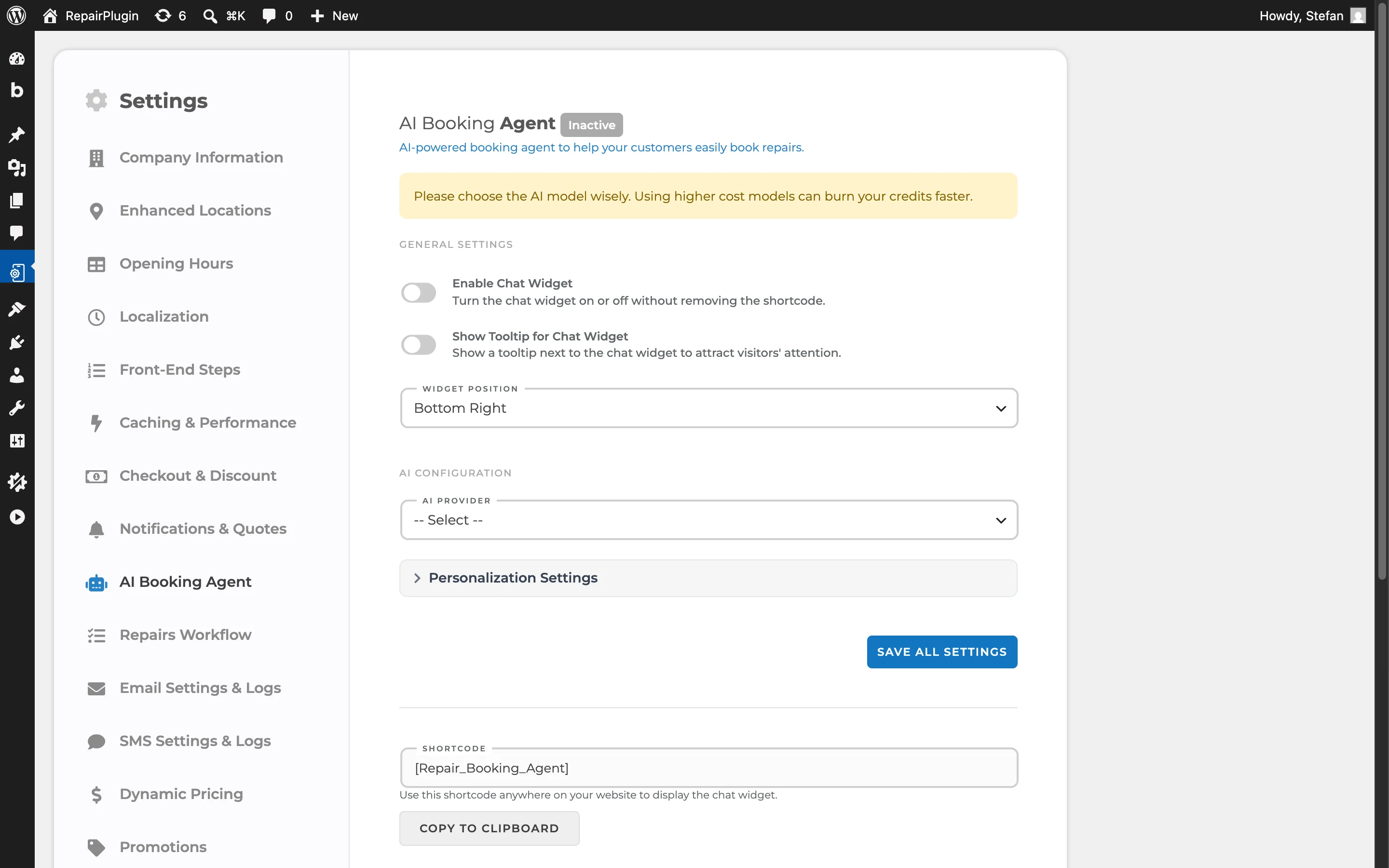 Die Einstellungsseite AI Booking Agent mit den Schaltern Enable Chat Widget und Show Tooltip, den Feldern Widget Position und AI Provider, dem Bereich Personalization Settings und dem Shortcode