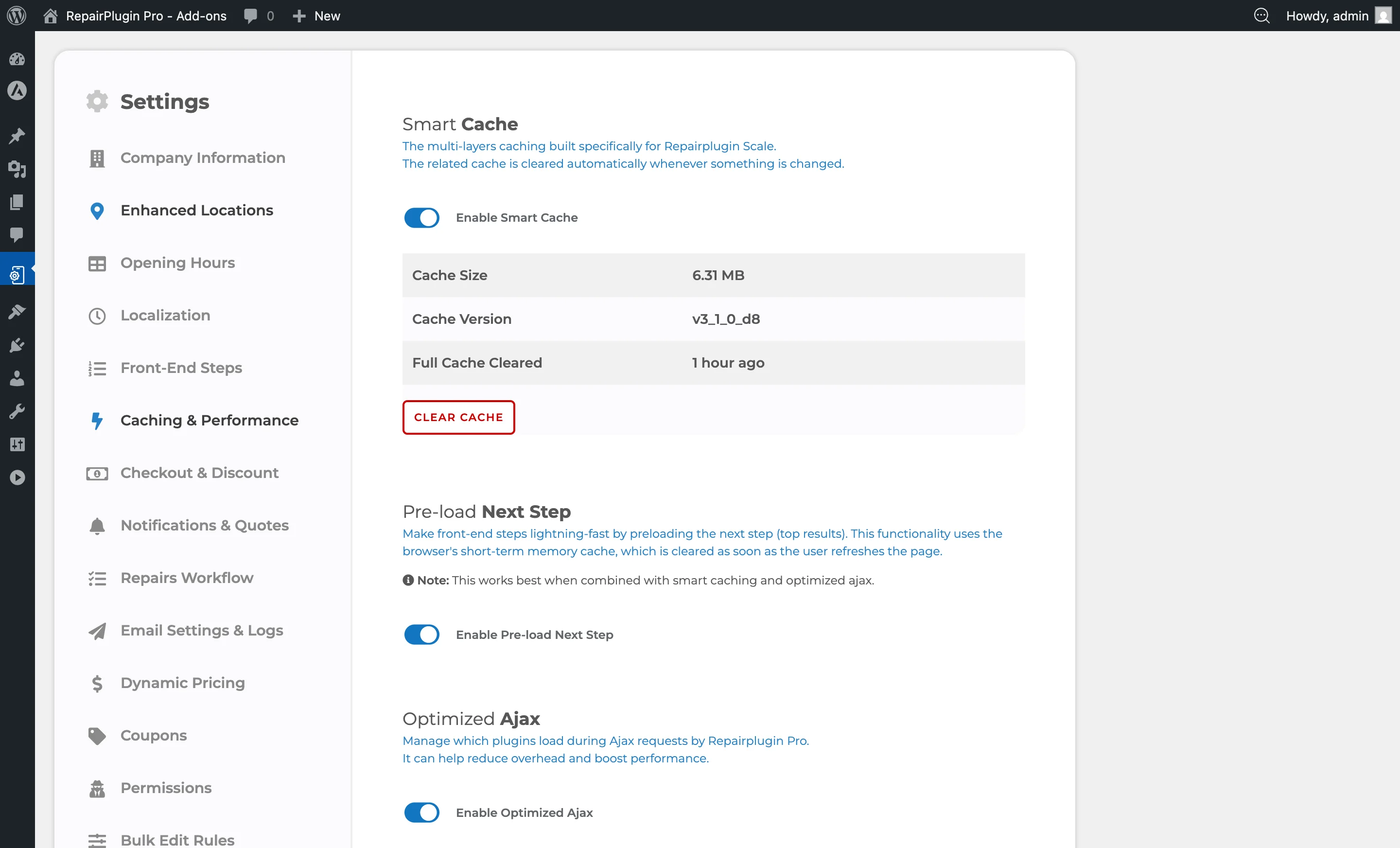 RepairPlugin Caching and Performance settings page showing Smart Cache, Pre-load Next Step, and Optimized Ajax toggles