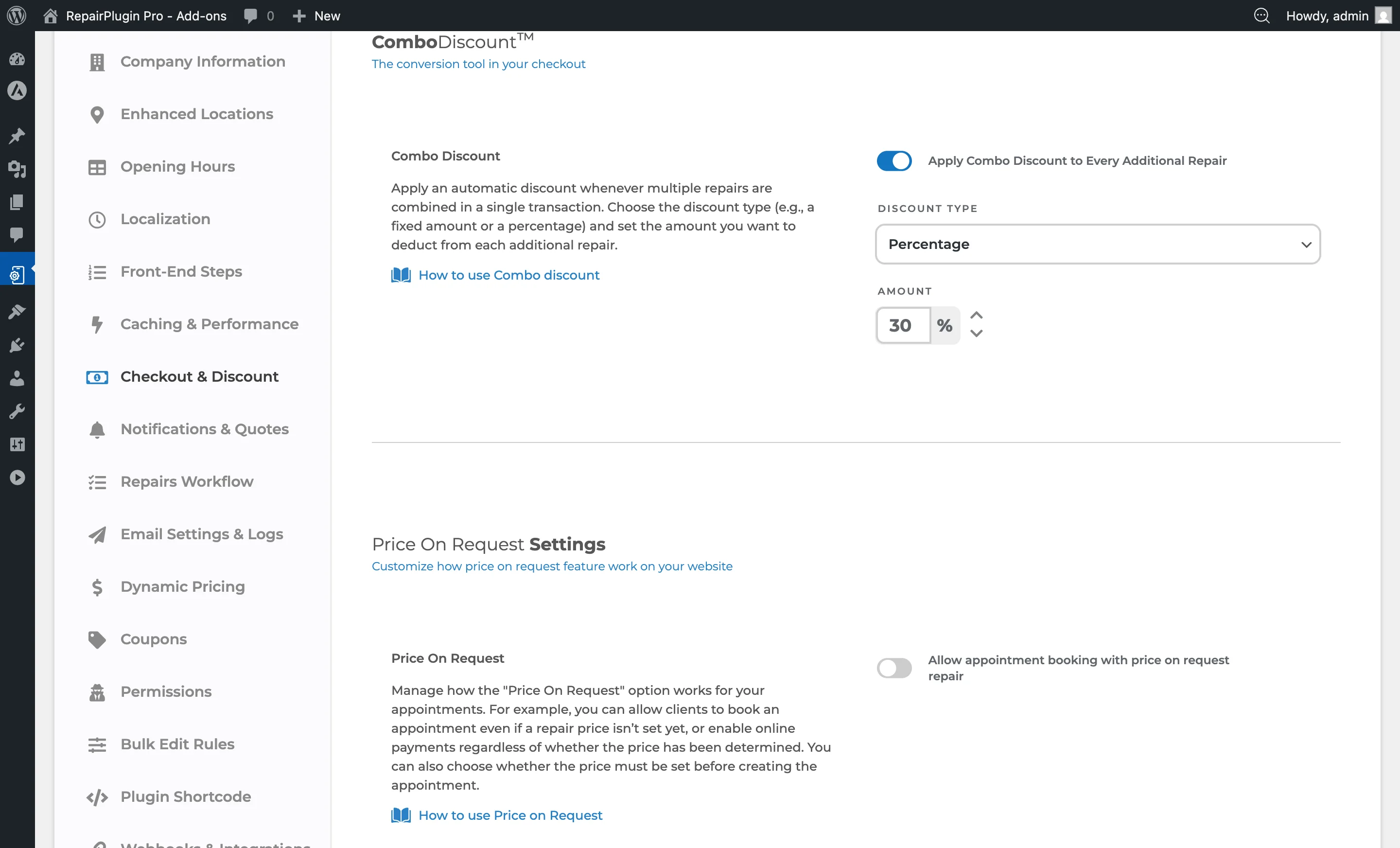 The Combo Discount section showing the enable switch, discount type dropdown, and amount field